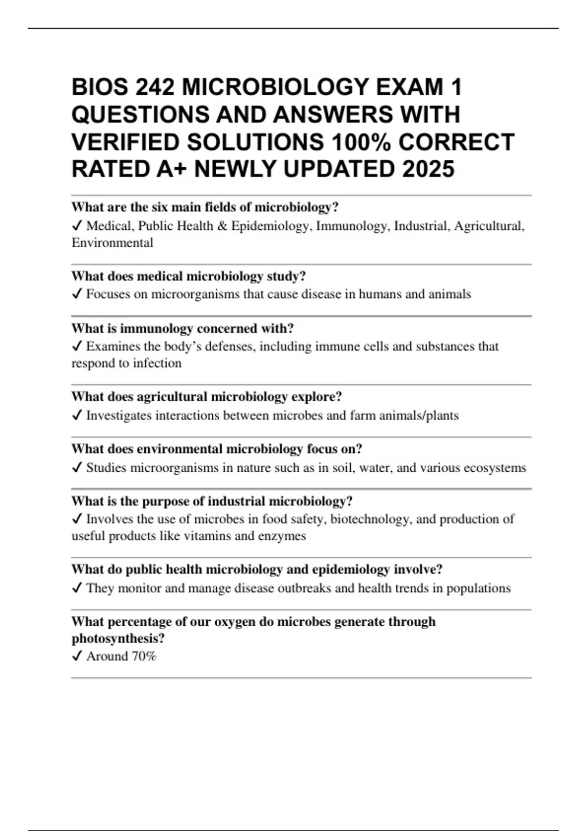 BIOS 242 MICROBIOLOGY EXAM 1 QUESTIONS AND ANSWERS WITH VERIFIED ...