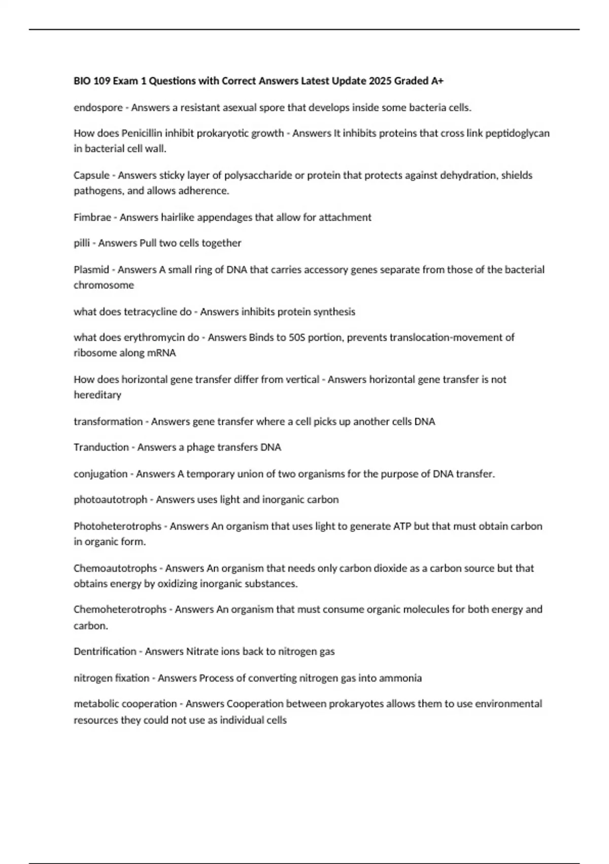BIO 109 Exam 1 Questions with Correct Answers Latest Update 2025 Graded ...