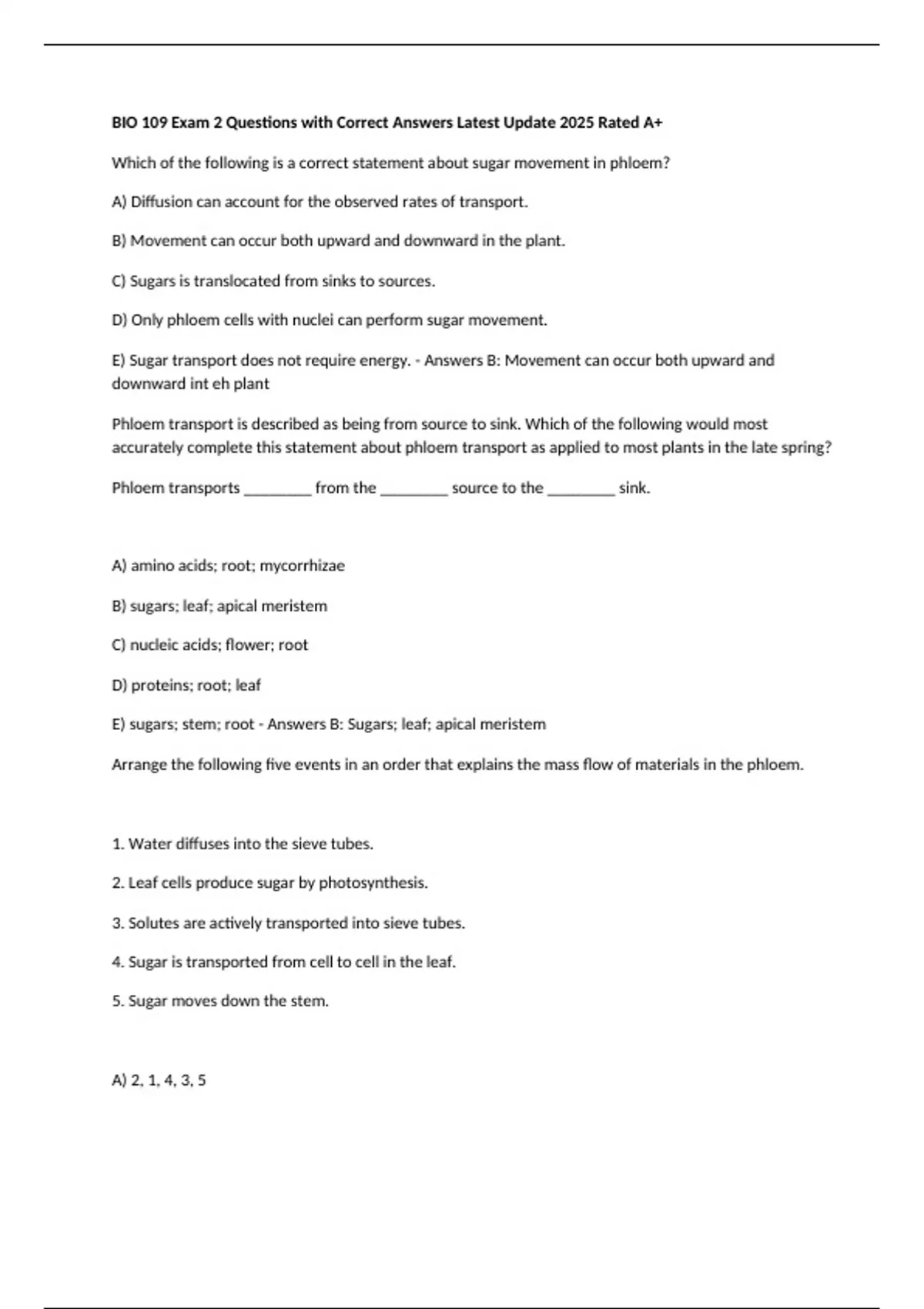 BIO 109 Exam 2 Questions with Correct Answers Latest Update 2025 Rated ...