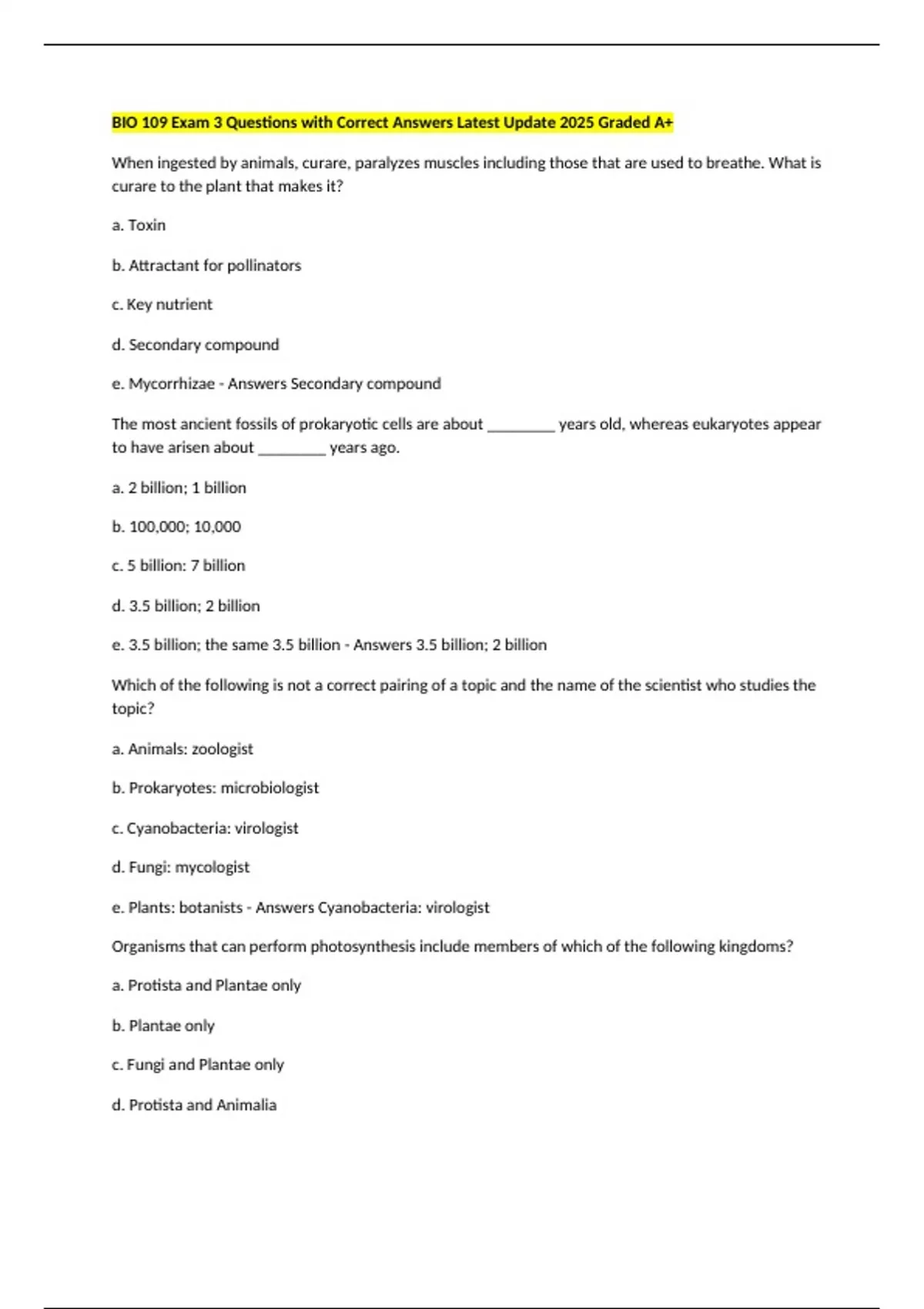 BIO 109 Exam 3 Questions with Correct Answers Latest Update 2025 Graded ...