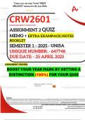 CRW2601 ASSIGNMENT 2 QUIZ MEMO - SEMESTER 1 - 2025 - UNISA - DUE &colon;  25 APRIL 2025 &lpar;INCLUDES EXTRA MCQ BOOKLET WITH ANSWERS - DISTINCTION GUARANTEED&rpar;