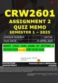 CRW2601 ASSIGNMENT 2 QUIZ MEMO - SEMESTER 1 - 2025 - UNISA - DUE DATE &colon; 25 APRIL 2025 &lpar;DISTINCTION GUARANTEED&rpar; 