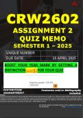 CRW2602 ASSIGNMENT 2 QUIZ MEMO - SEMESTER 1 - 2025 - UNISA - DUE DATE &colon; 25 APRIL 2025 &lpar;DISTINCTION GUARANTEED&rpar; 