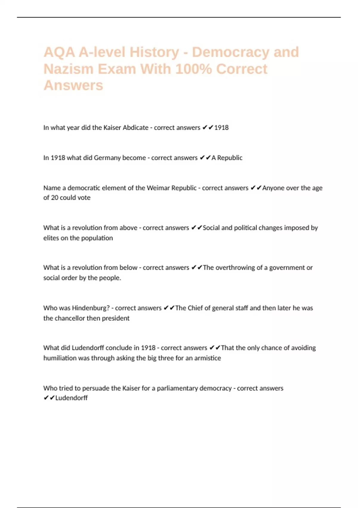AQA A-level History - Democracy and Nazism Exam With 100% Correct ...