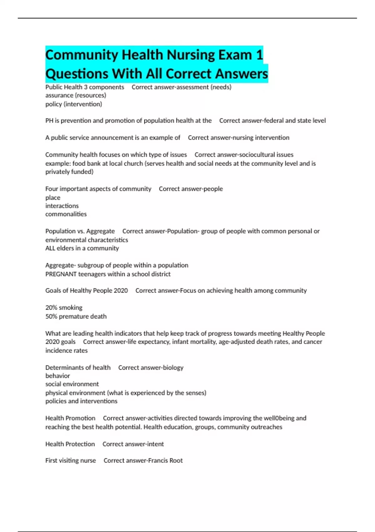 Community Health Nursing Exam 1 Questions With All Correct Answers ...