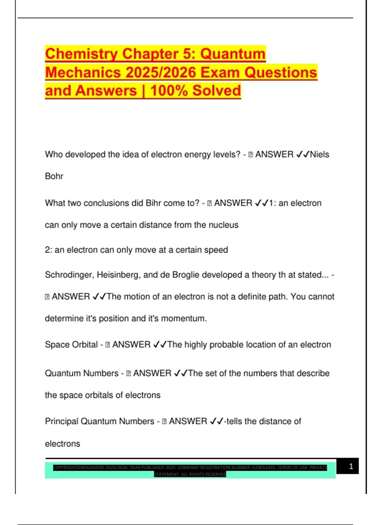 Chemistry Chapter 5: Quantum Mechanics 2025/2026 Exam Questions and ...