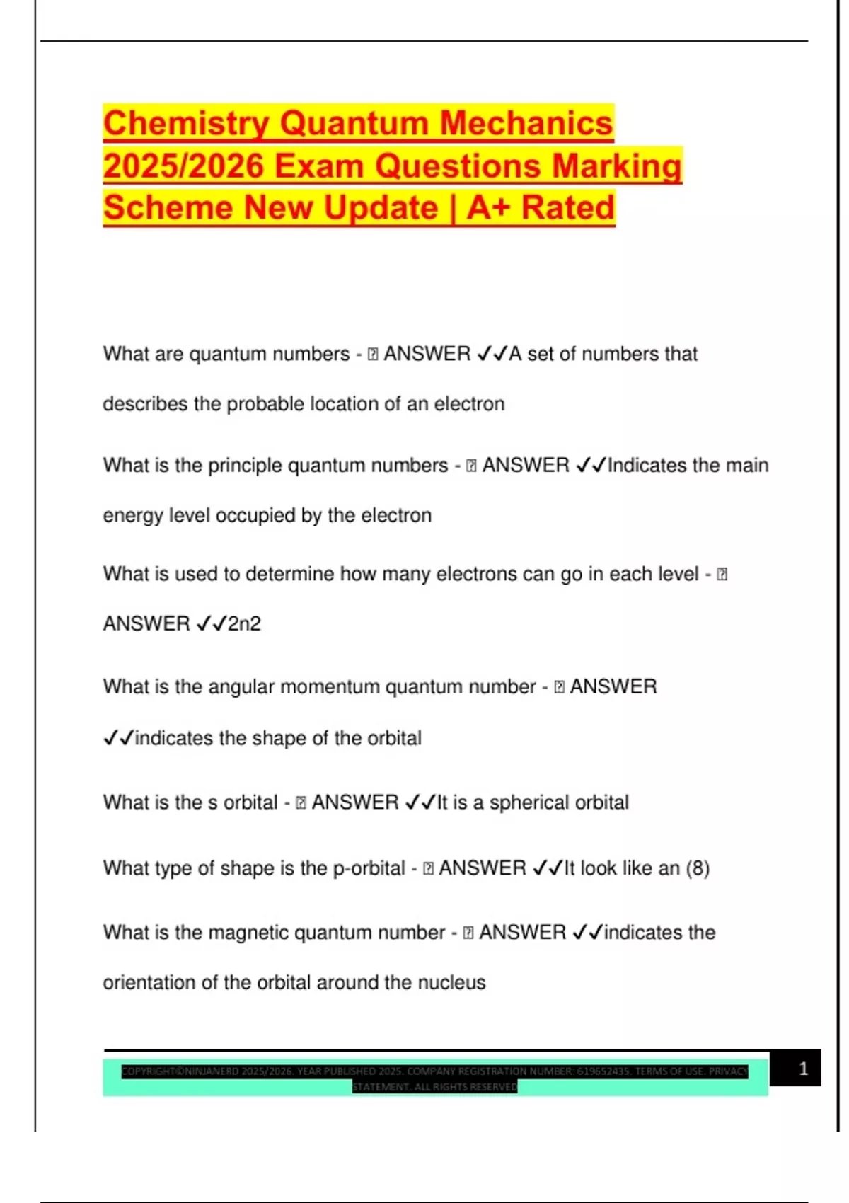 Chemistry Quantum Mechanics 2025/2026 Exam Questions Marking Scheme New ...