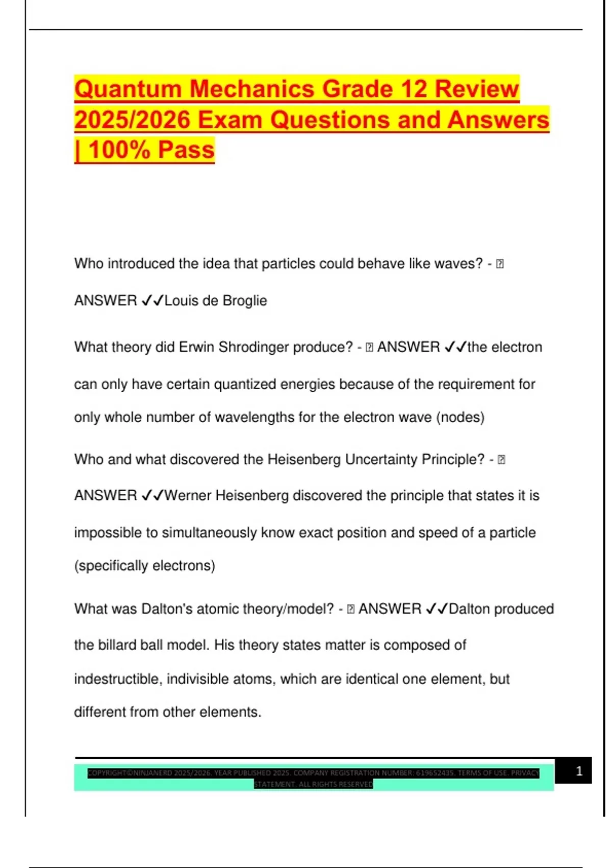 Quantum Mechanics Grade 12 Review 2025/2026 Exam Questions and Answers ...