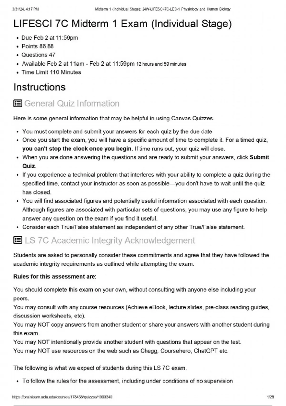 LIFESCI 7C Midterm 1 Exam (Individual Stage) Questions and Answers ...