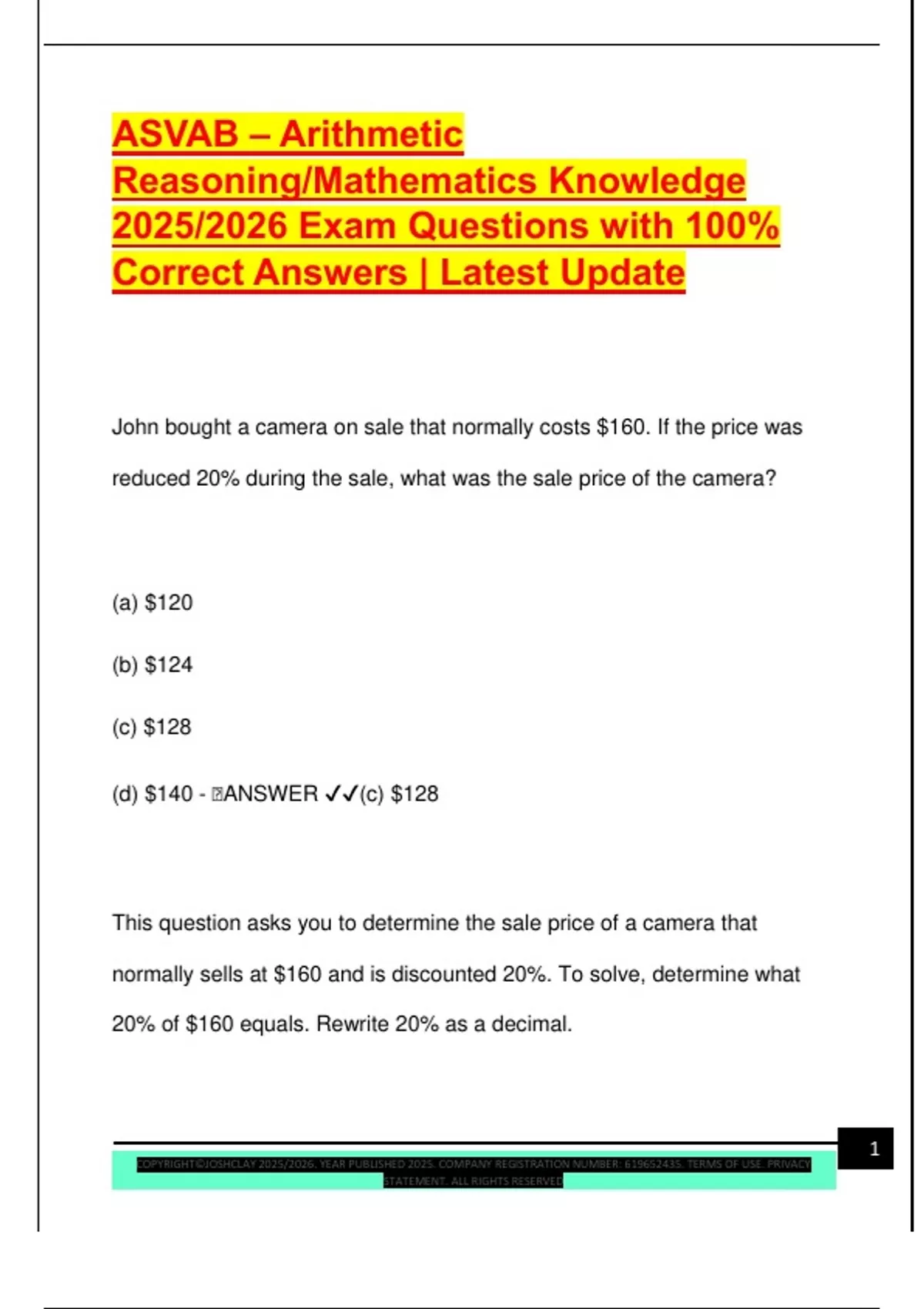 ASVAB – Arithmetic Reasoning/Mathematics Knowledge 2025/2026 Exam ...