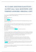 NC CLAIMS ADJUSTER EXAM STUDY &sol; &lpar;LATEST 2024 &sol; 2025&rpar;&colon; QUESTIONS AND VERIFIED ANSWERS&sol;&sol; ORIGINAL COPY