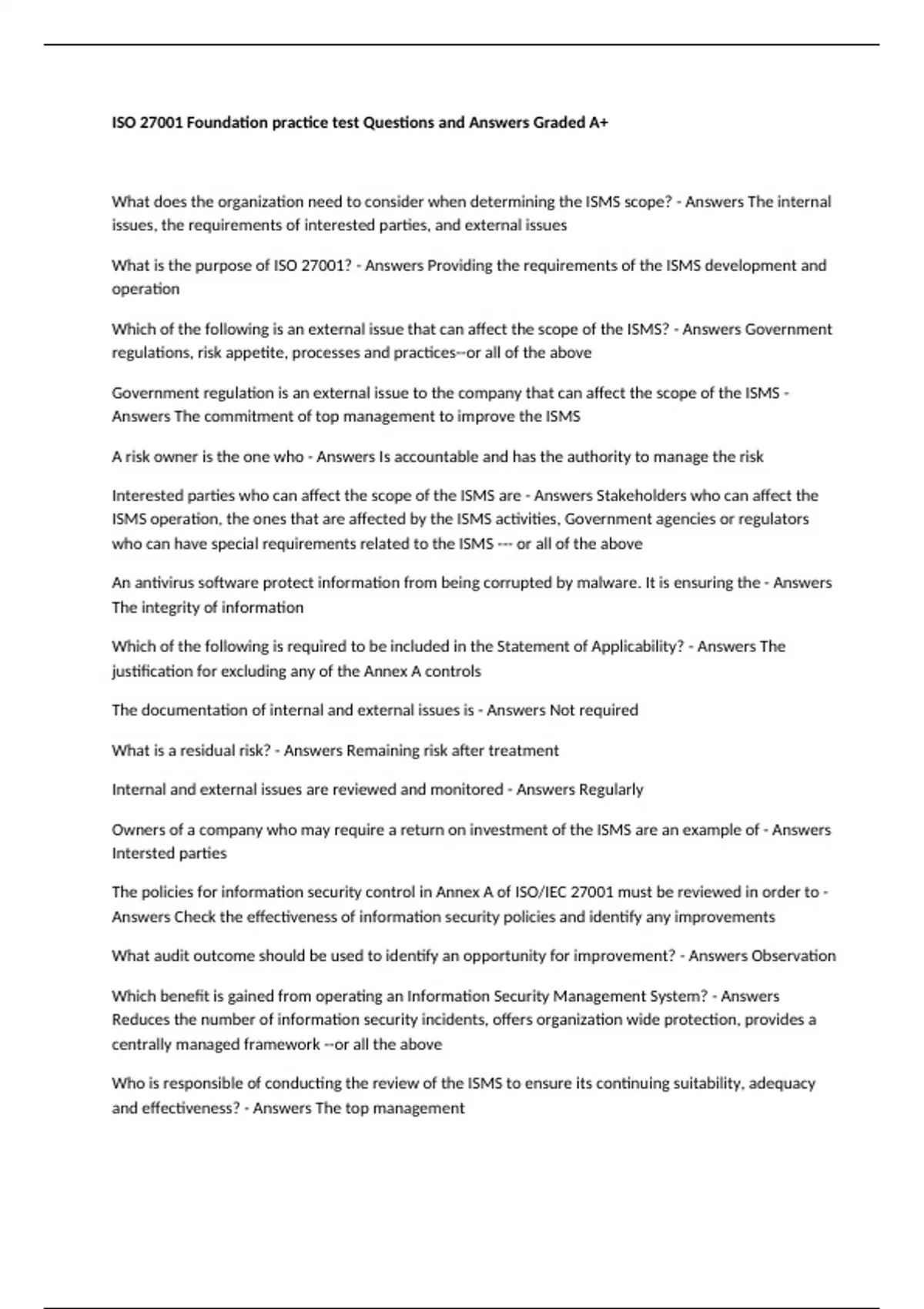 ISO 27001 Foundation practice test Questions and Answers Graded A+ ...
