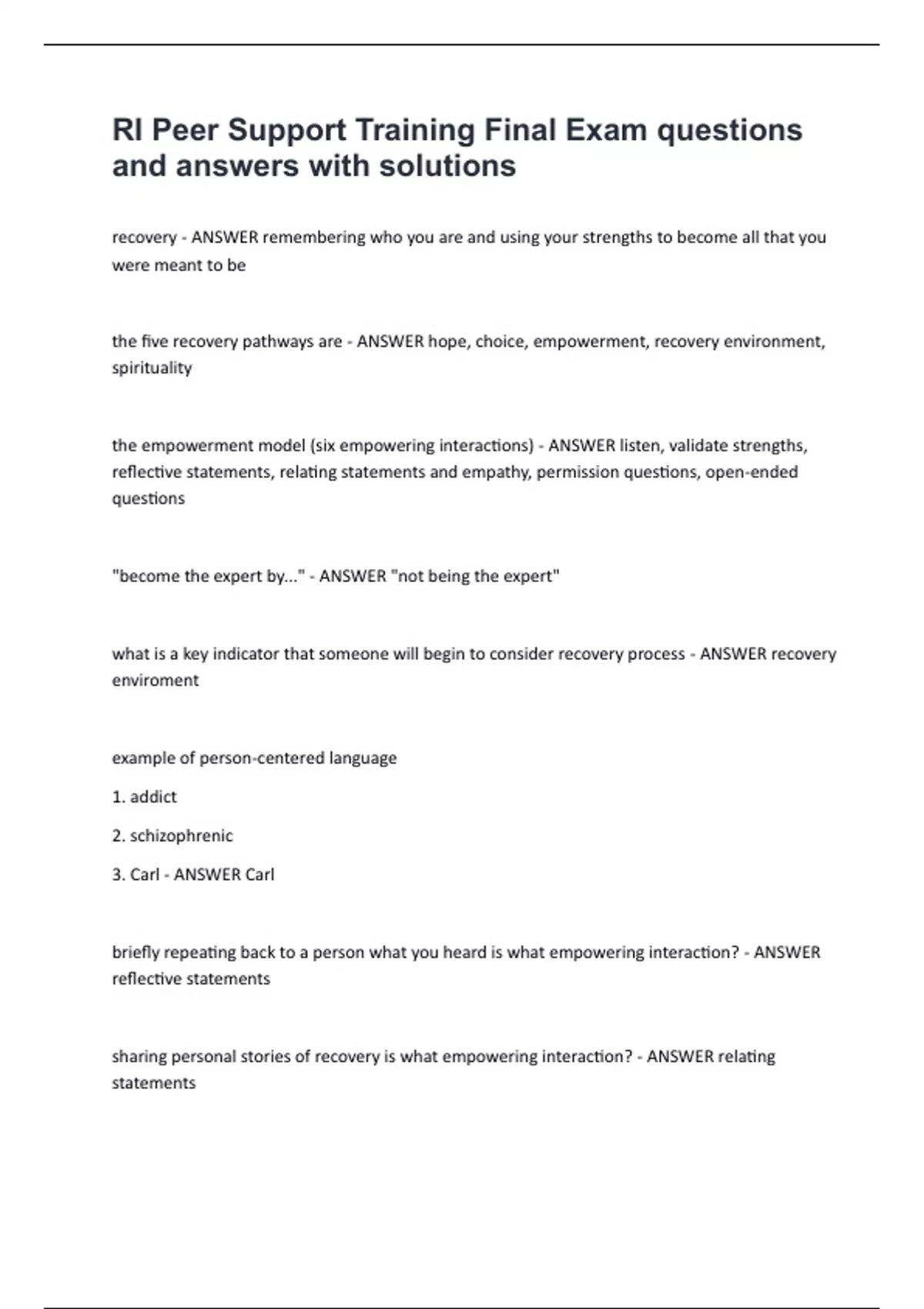 RI Peer Support Training Final Exam questions and answers with ...