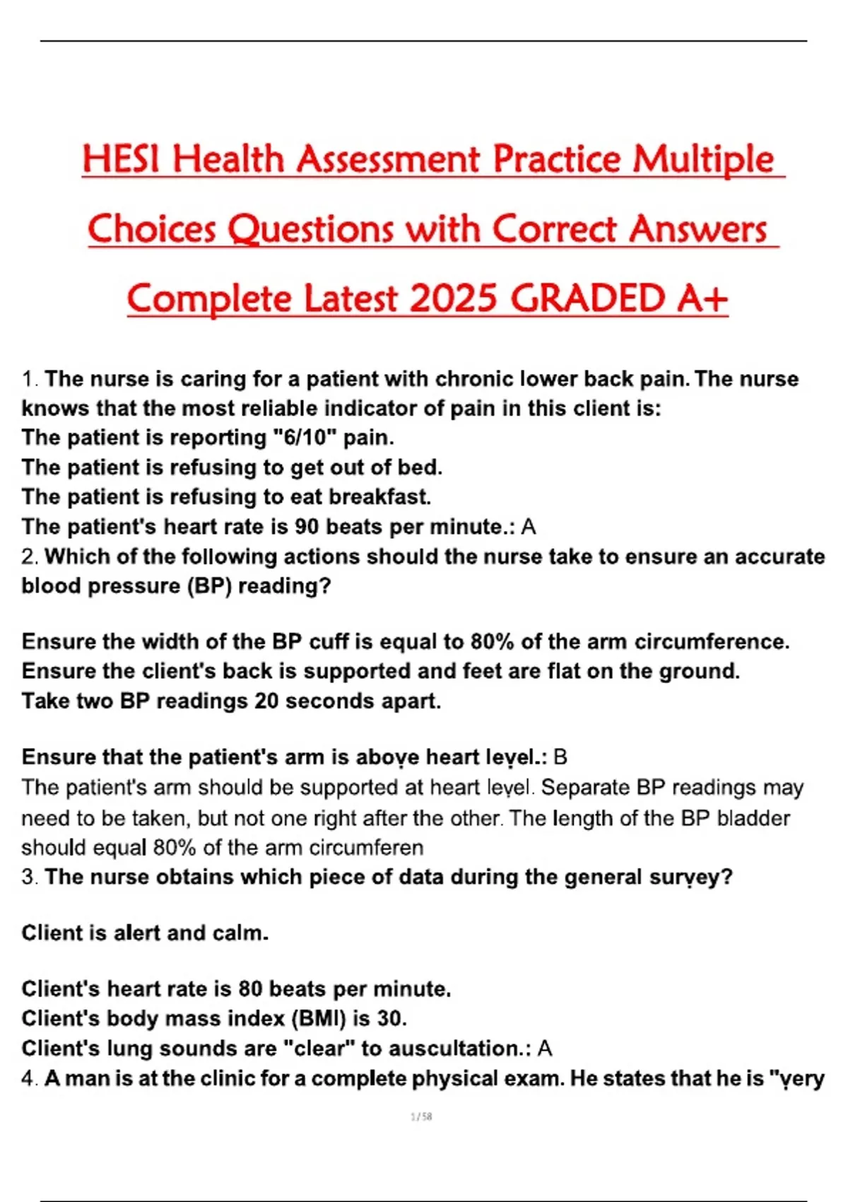 HESI Health Assessment Practice Multiple Choices Questions with Correct ...