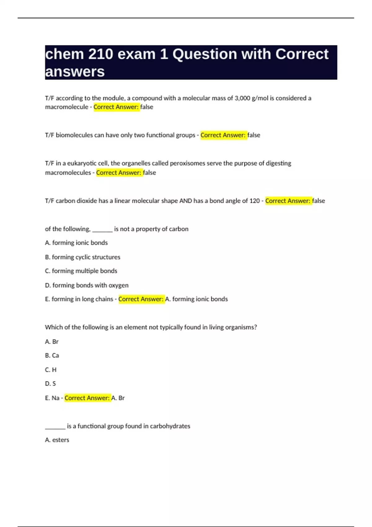 Chem 210 Biochemistry Module 1 Question With Correct Answer Package
