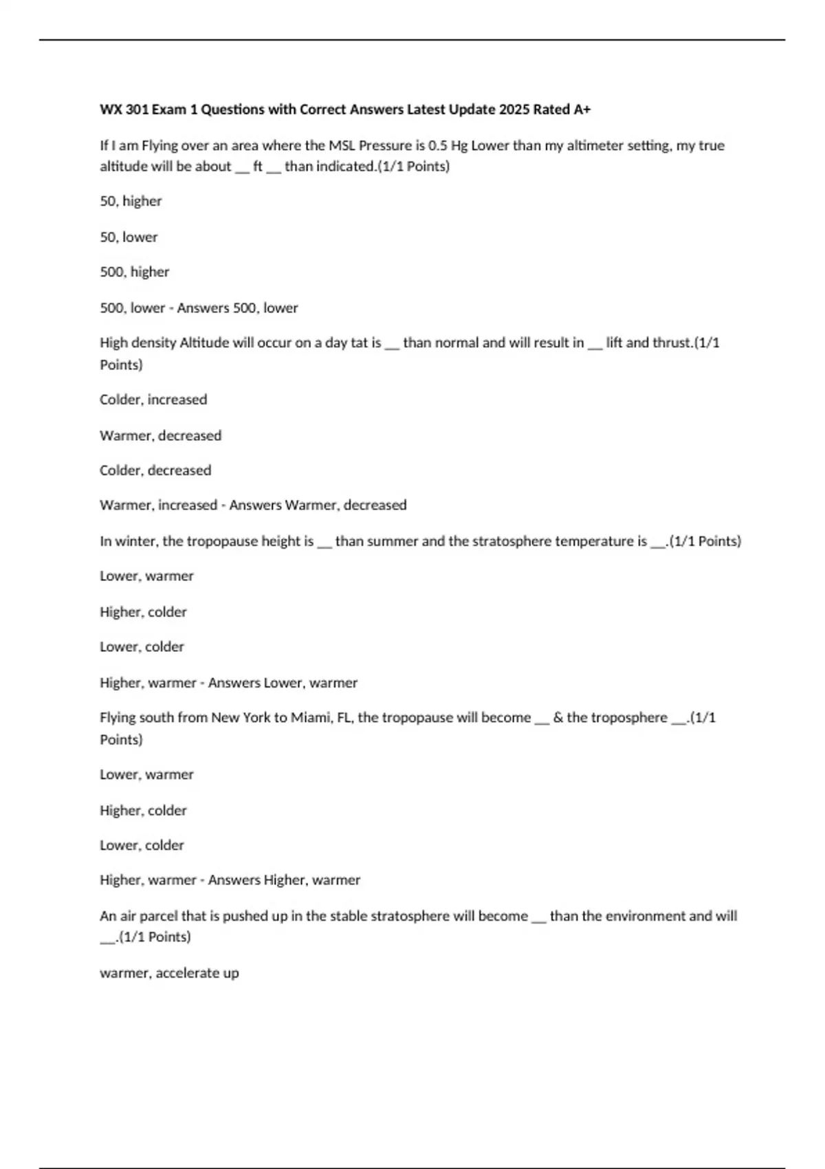 WX 301 Exam 1 Questions with Correct Answers Latest Update 2025 Rated ...