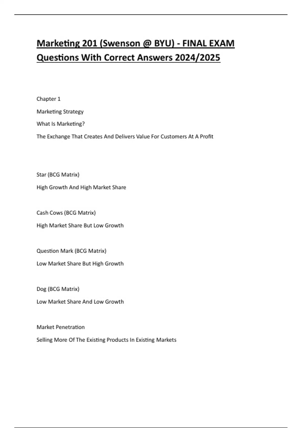 Marketing 201 (Swenson @ BYU) - FINAL EXAM questions with correct ...