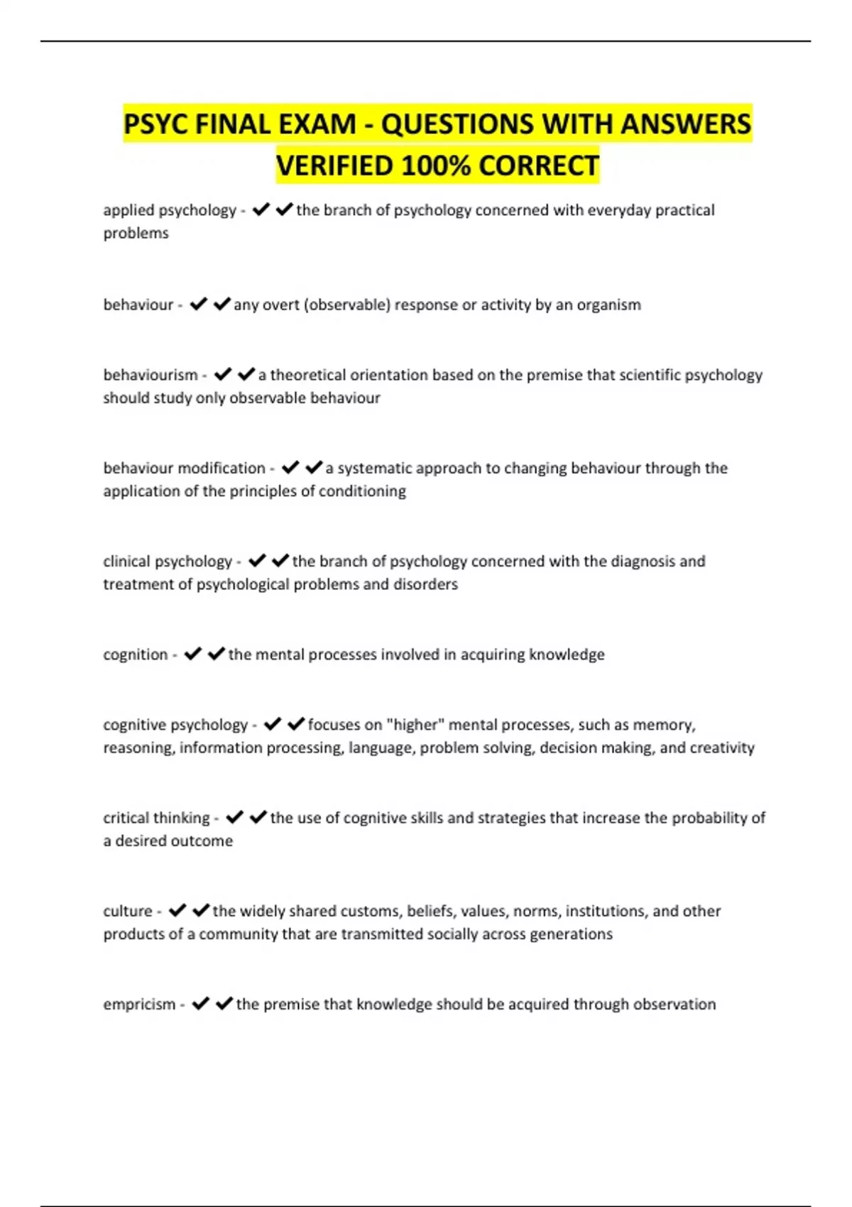 PSYC FINAL EXAM - QUESTIONS WITH ANSWERS VERIFIED 100% CORRECT - PSYCH ...