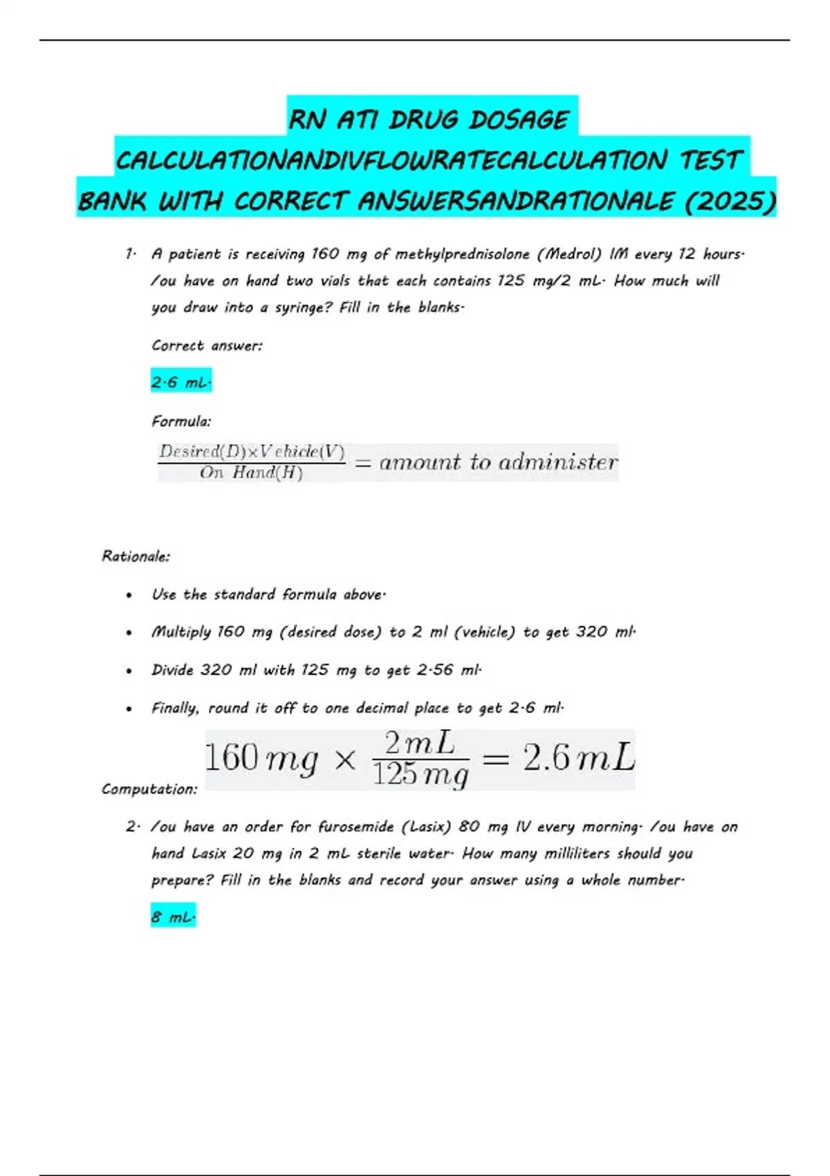 2025 RN ATI DRUG DOSAGE CALCULATION AND IV FLOW RATE CALCULATION TEST ...