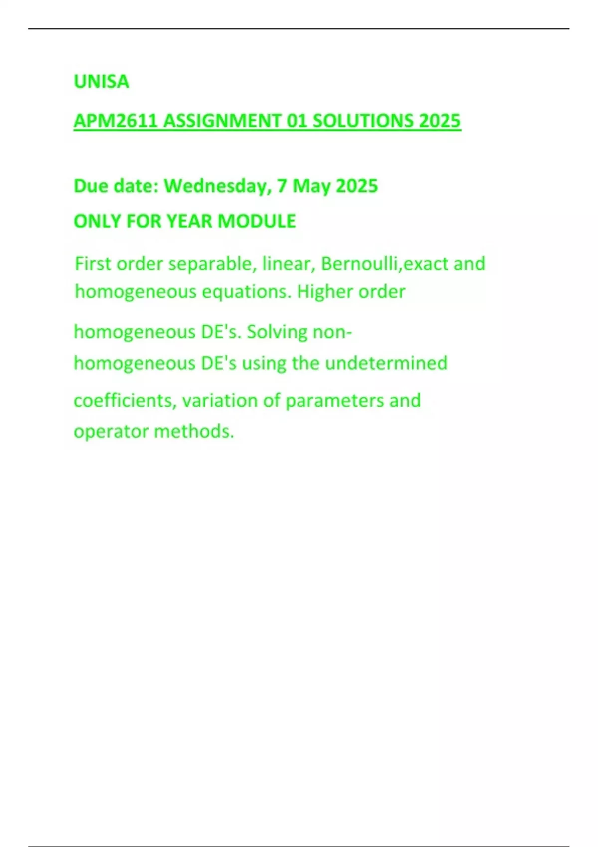 APM2611 assignment 1 solutions 2025 - Differential Equations (APM2611 ...