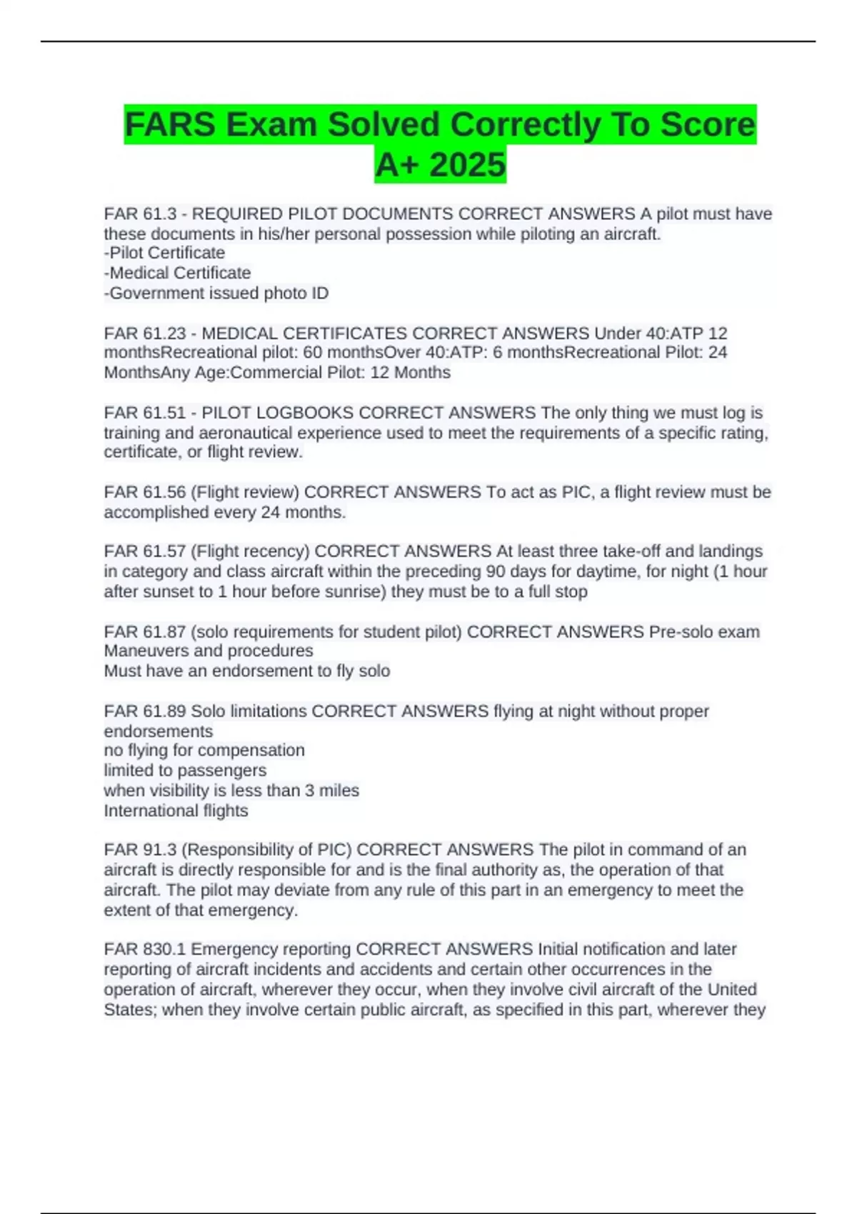 Fars Assessment.pdf FARS Exam Solved Correctly To Score A+ 2025 - FARS - Stuvia US