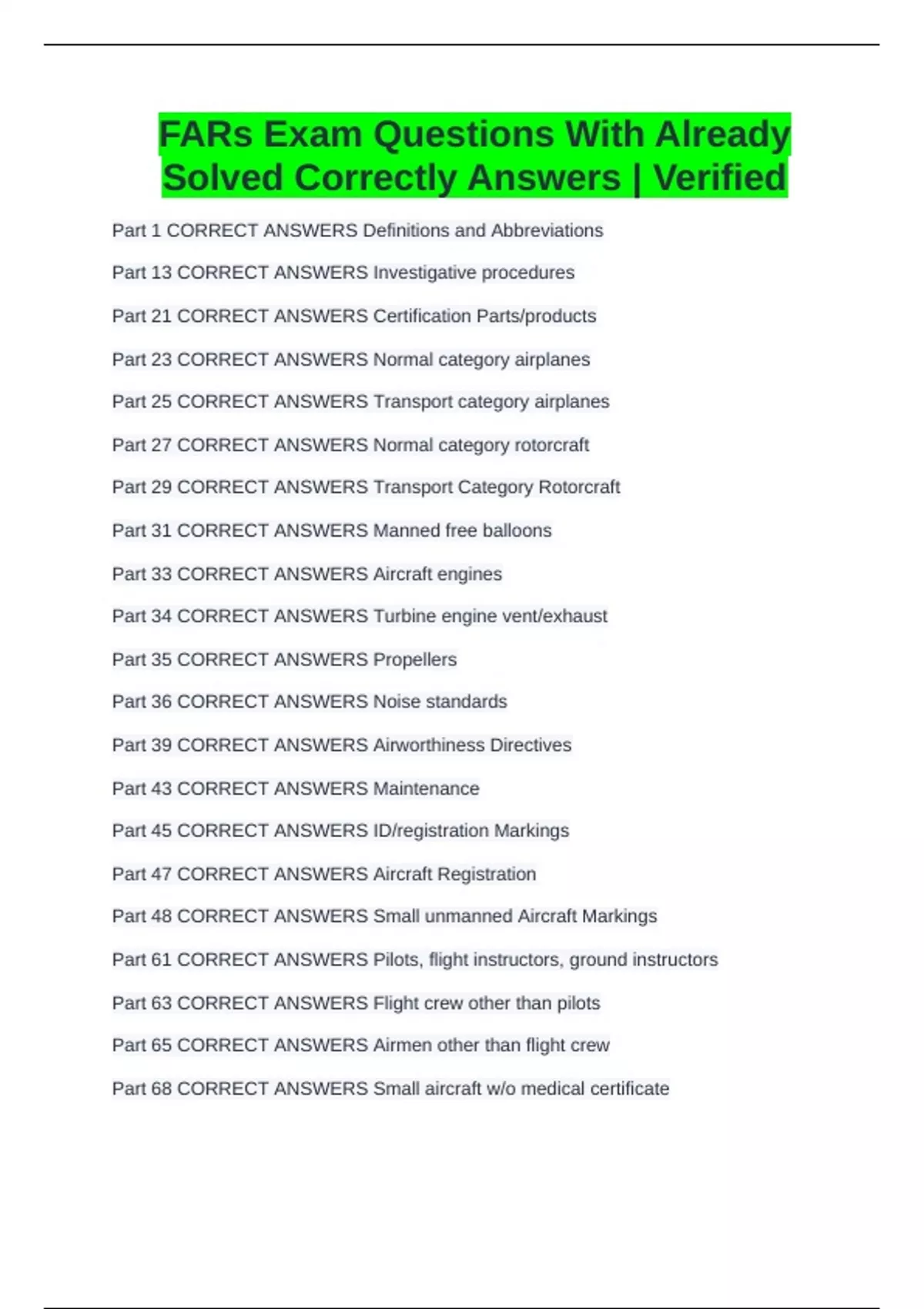 FARs Exam Questions With Already Solved Correctly Answers | Verified ...