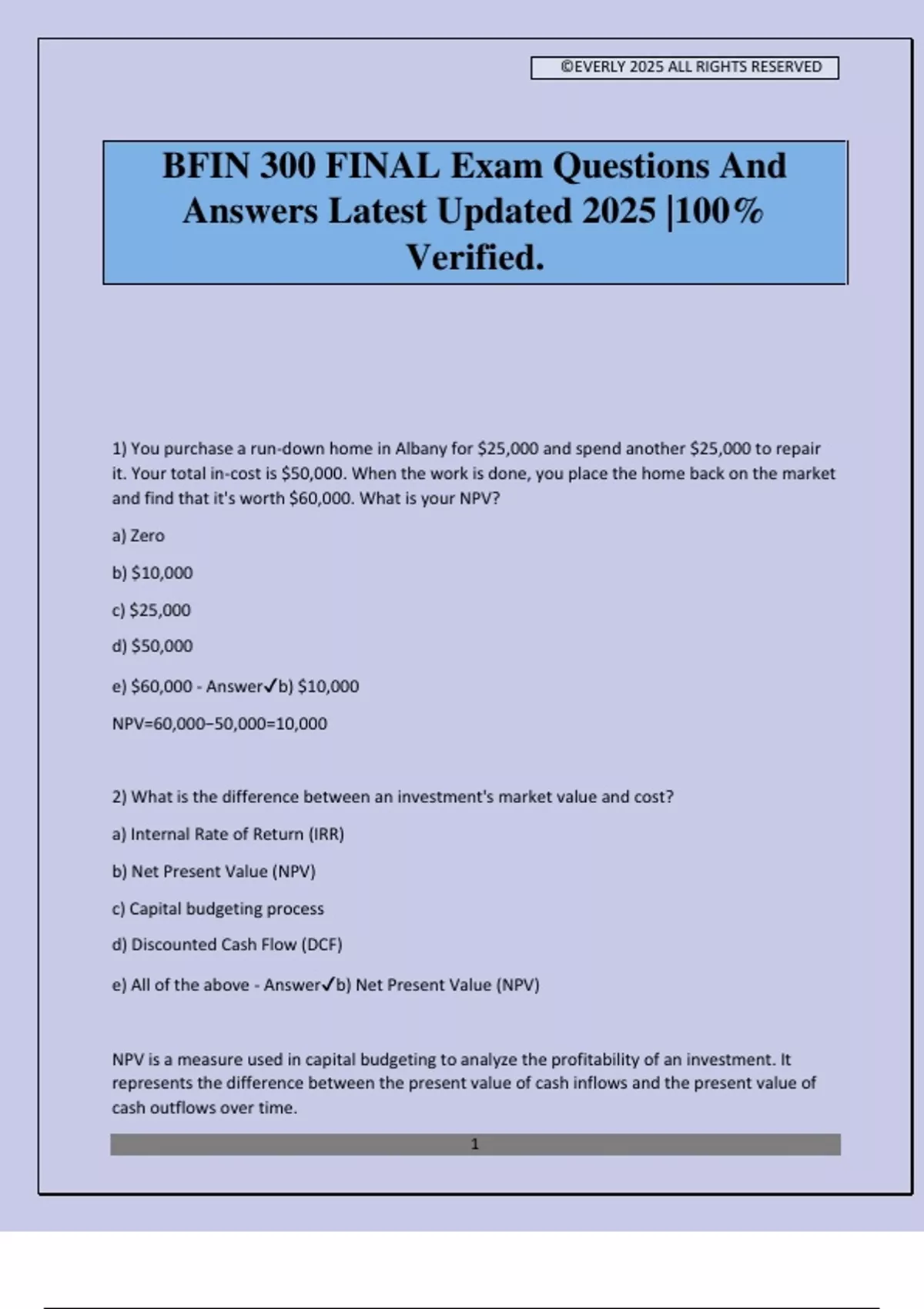 BFIN 300 FINAL Exam Questions And Answers Latest Updated 2025 |100% ...