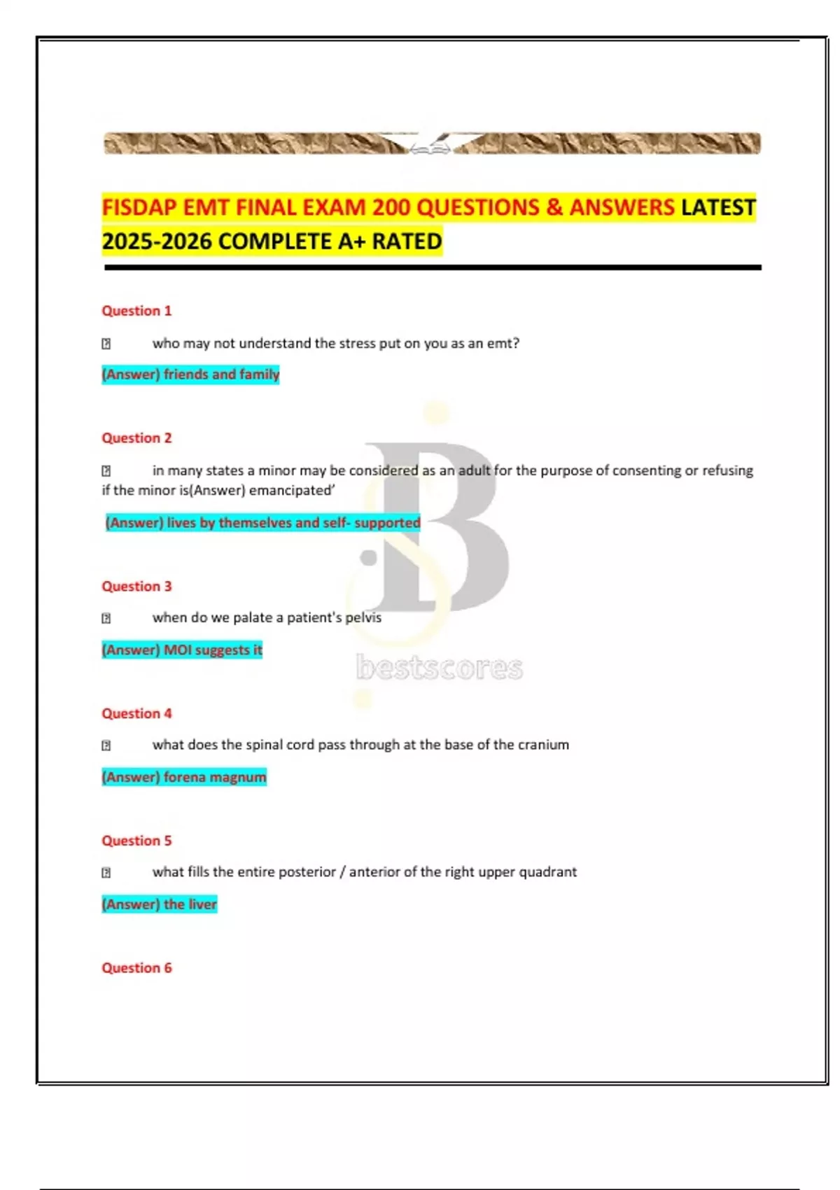 FISDAP EMT FINAL EXAM 200 QUESTIONS & ANSWERS LATEST COMPLETE A+ RATED ...