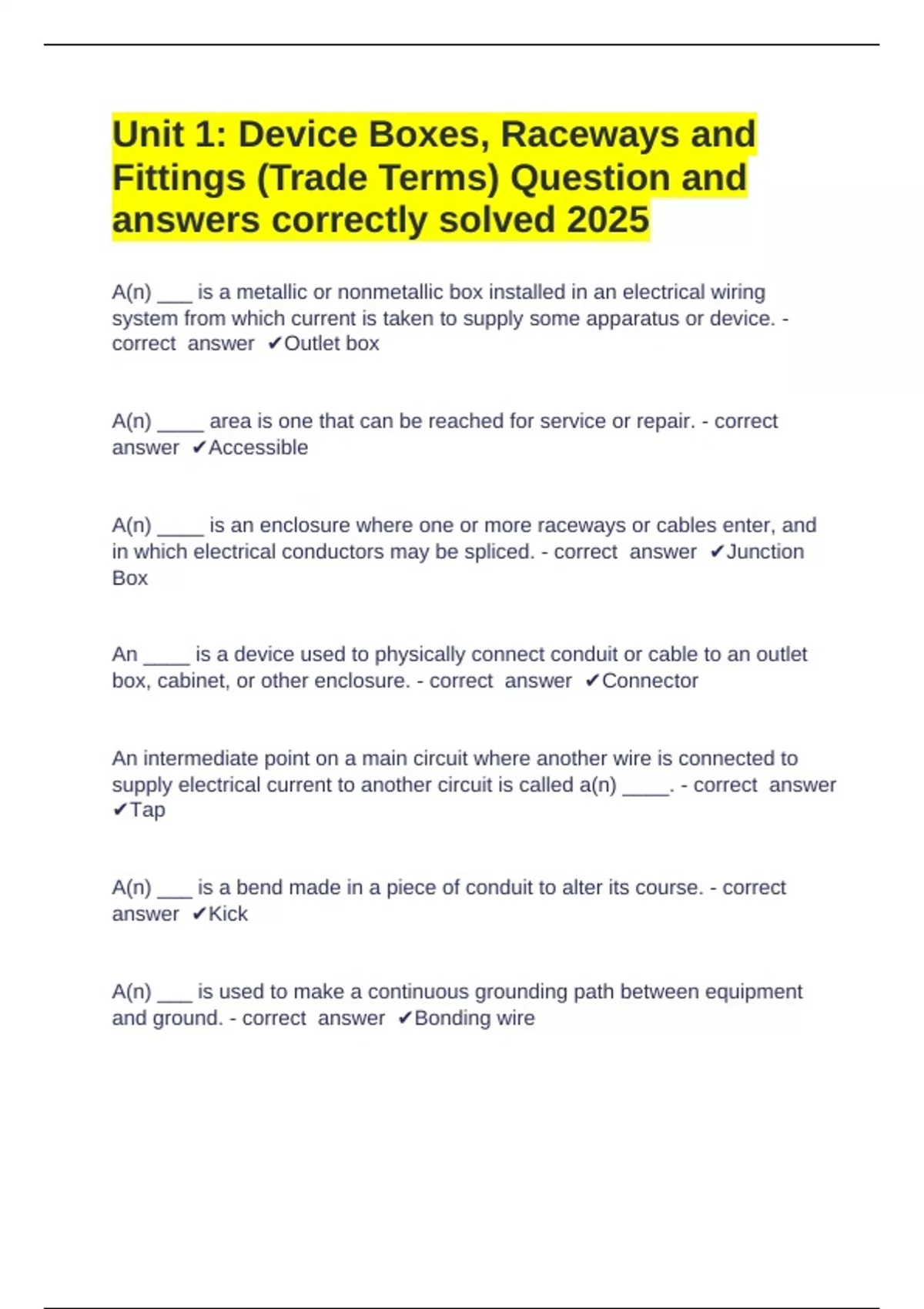 Unit 1: Device Boxes, Raceways and Fittings (Trade Terms) Question and ...