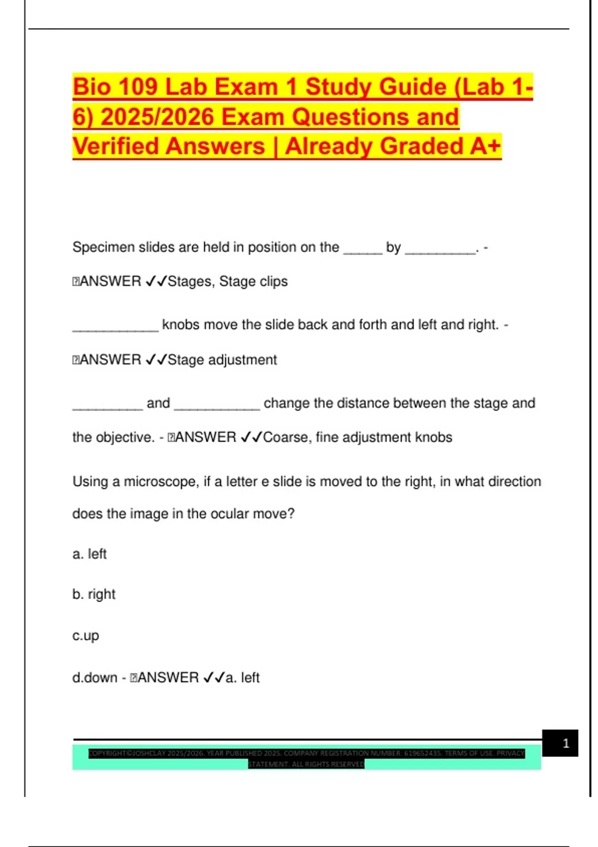 Bio 109 Lab Exam 1 Study Guide (Lab 1 6) 2025/2026 Exam Questions and ...
