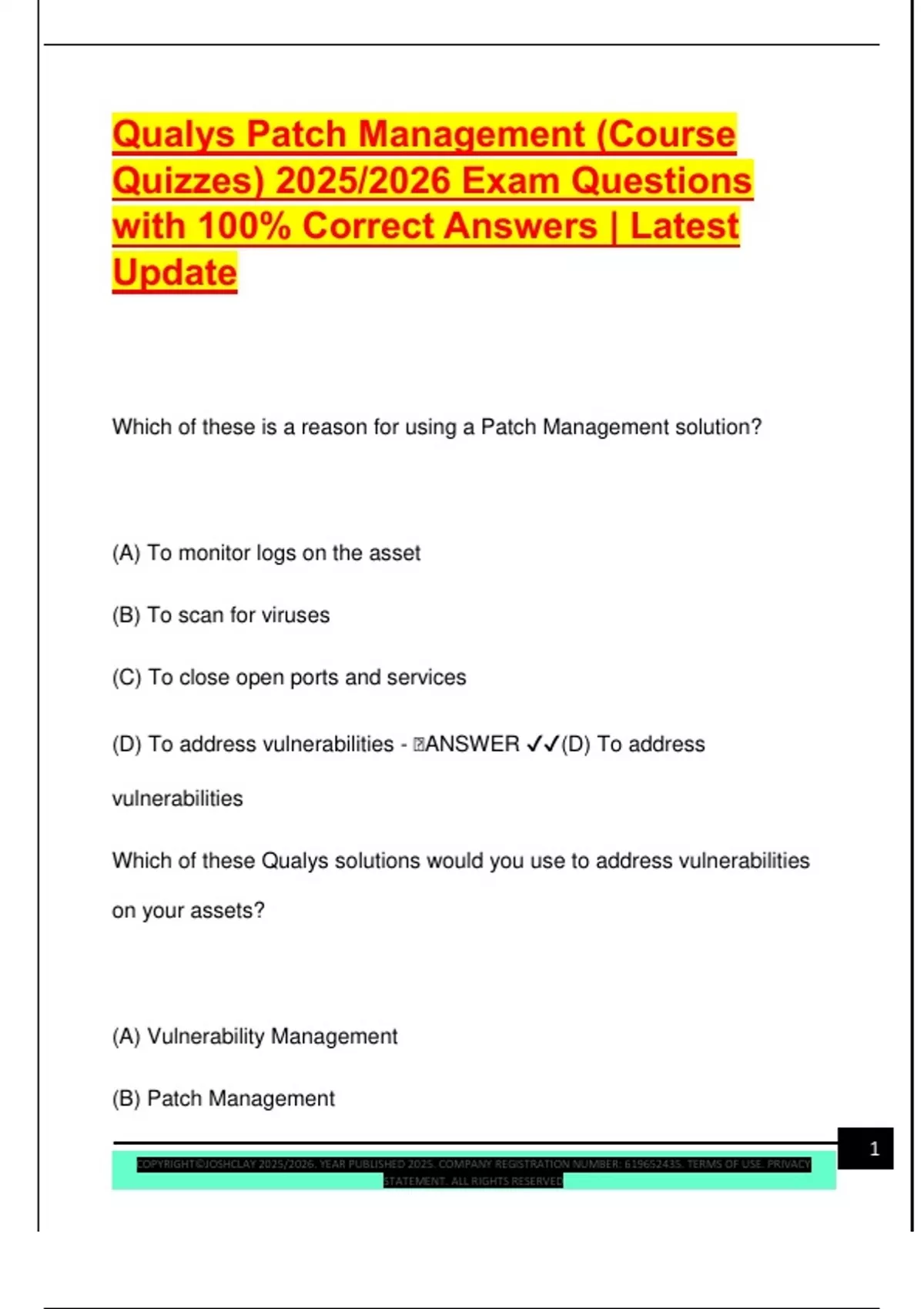 Qualys Patch Management (Course Quizzes) 2025/2026 Exam Questions with ...