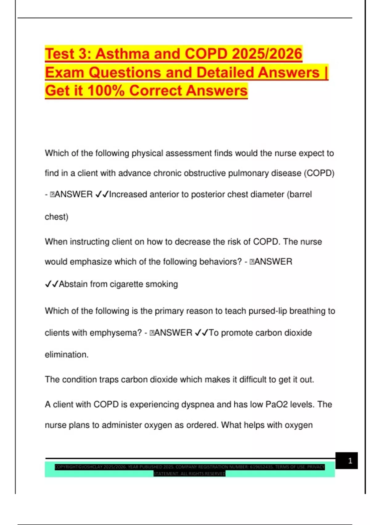 Test 3: Asthma and COPD 2025/2026 Exam Questions and Detailed Answers ...