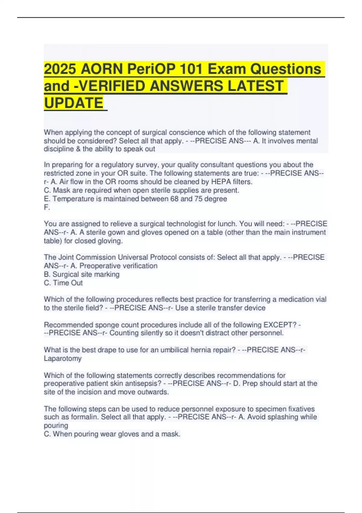 2025 AORN PeriOP 101 Exam Questions and -VERIFIED ANSWERS LATEST UPDATE ...