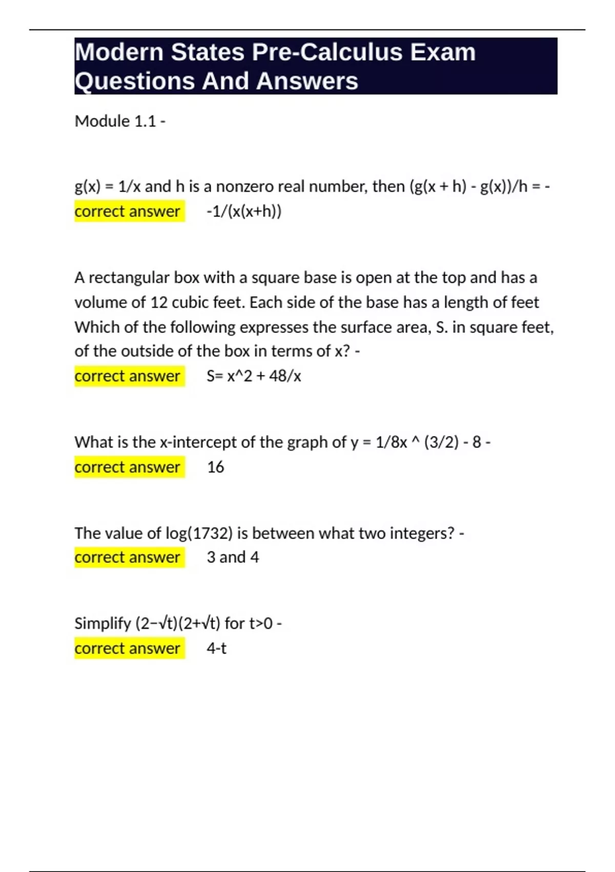 Modern States Pre-Calculus Exam Questions And Answers.docx - Calculus ...
