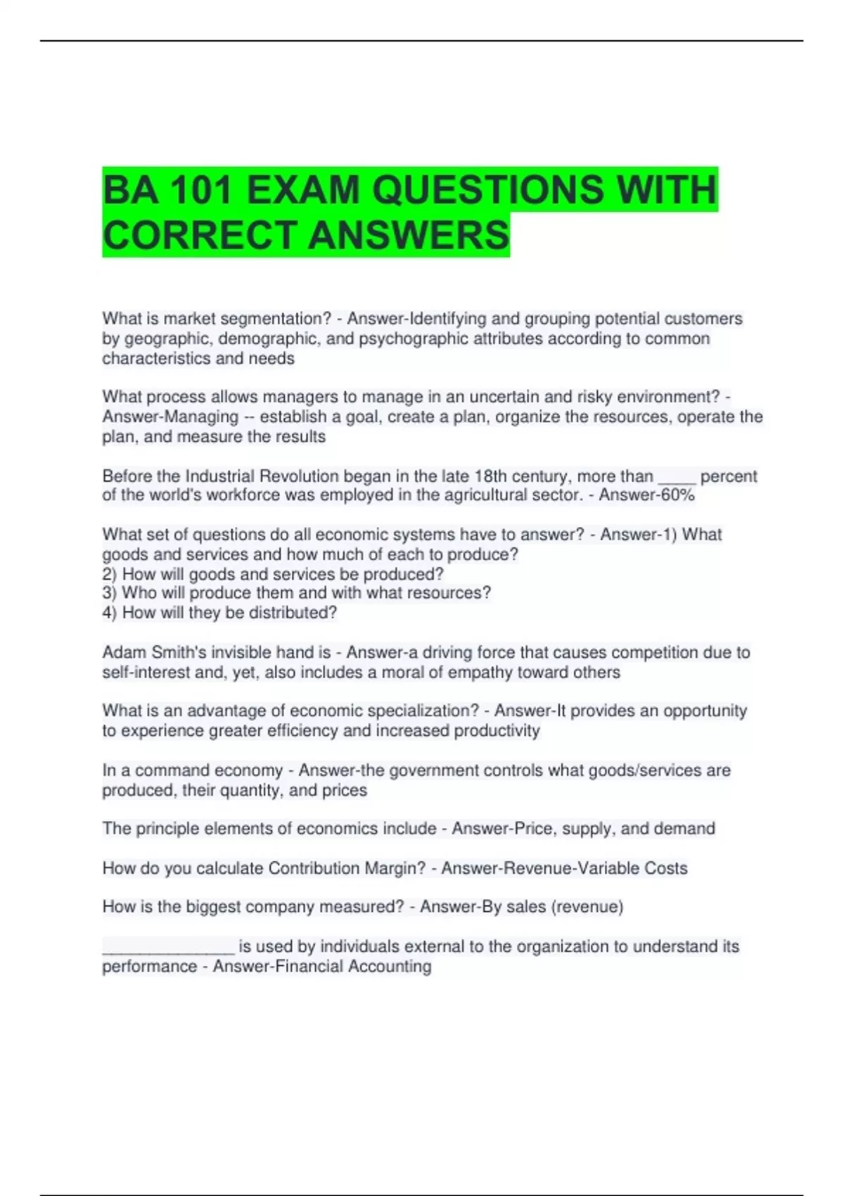 BA 101 EXAM QUESTIONS WITH CORRECT ANSWERS - BA 101 - Stuvia US