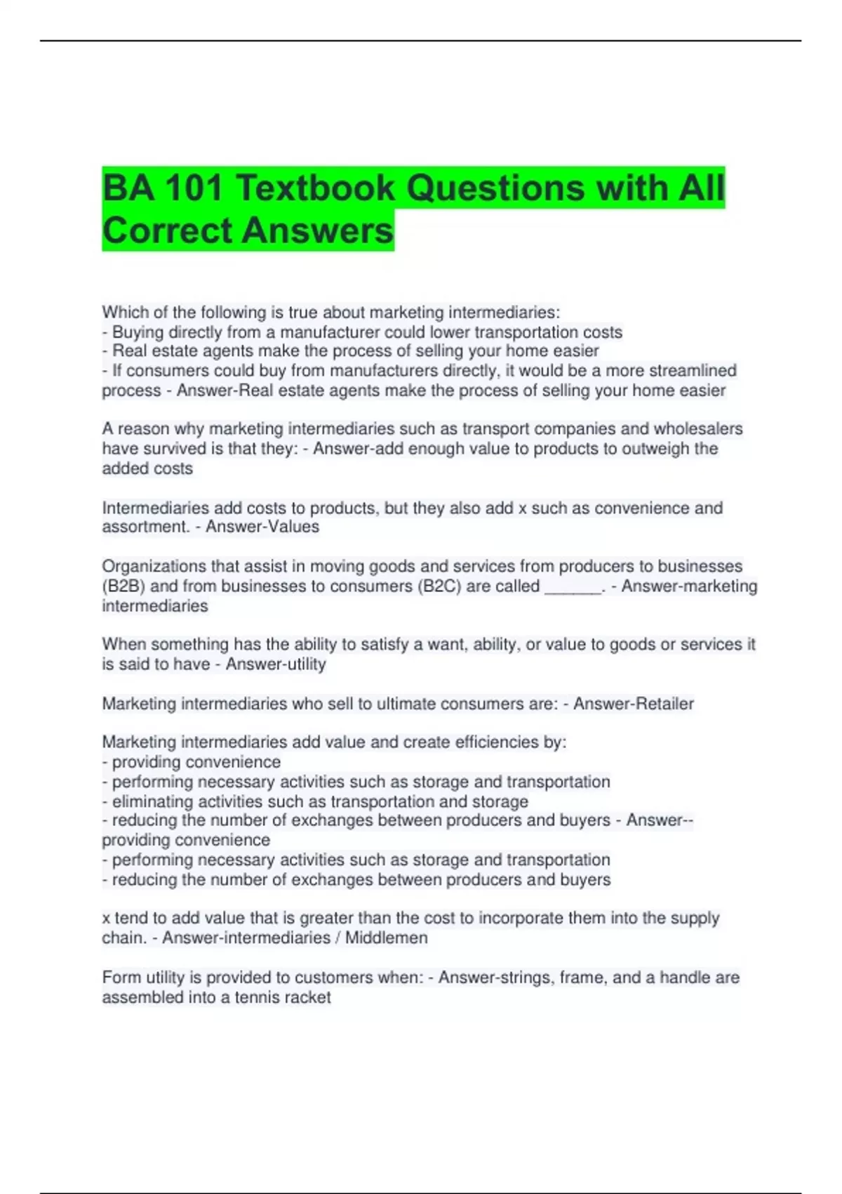 BA 101 Textbook Questions with All Correct Answers - BA 101 - Stuvia US