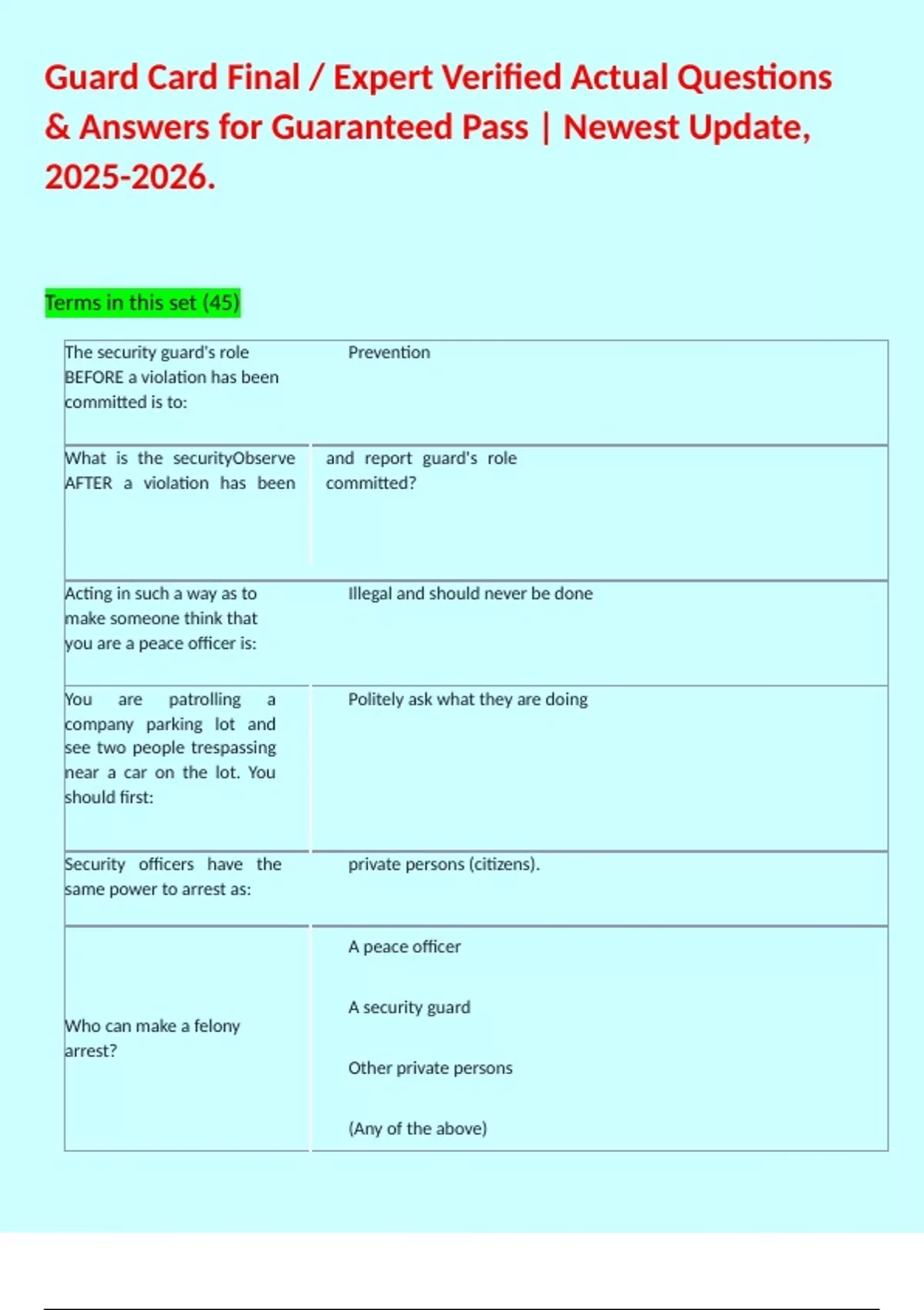 Guard Card Example Questions Guard Card Final / Expert Verified Actual Questions & Answers for ...