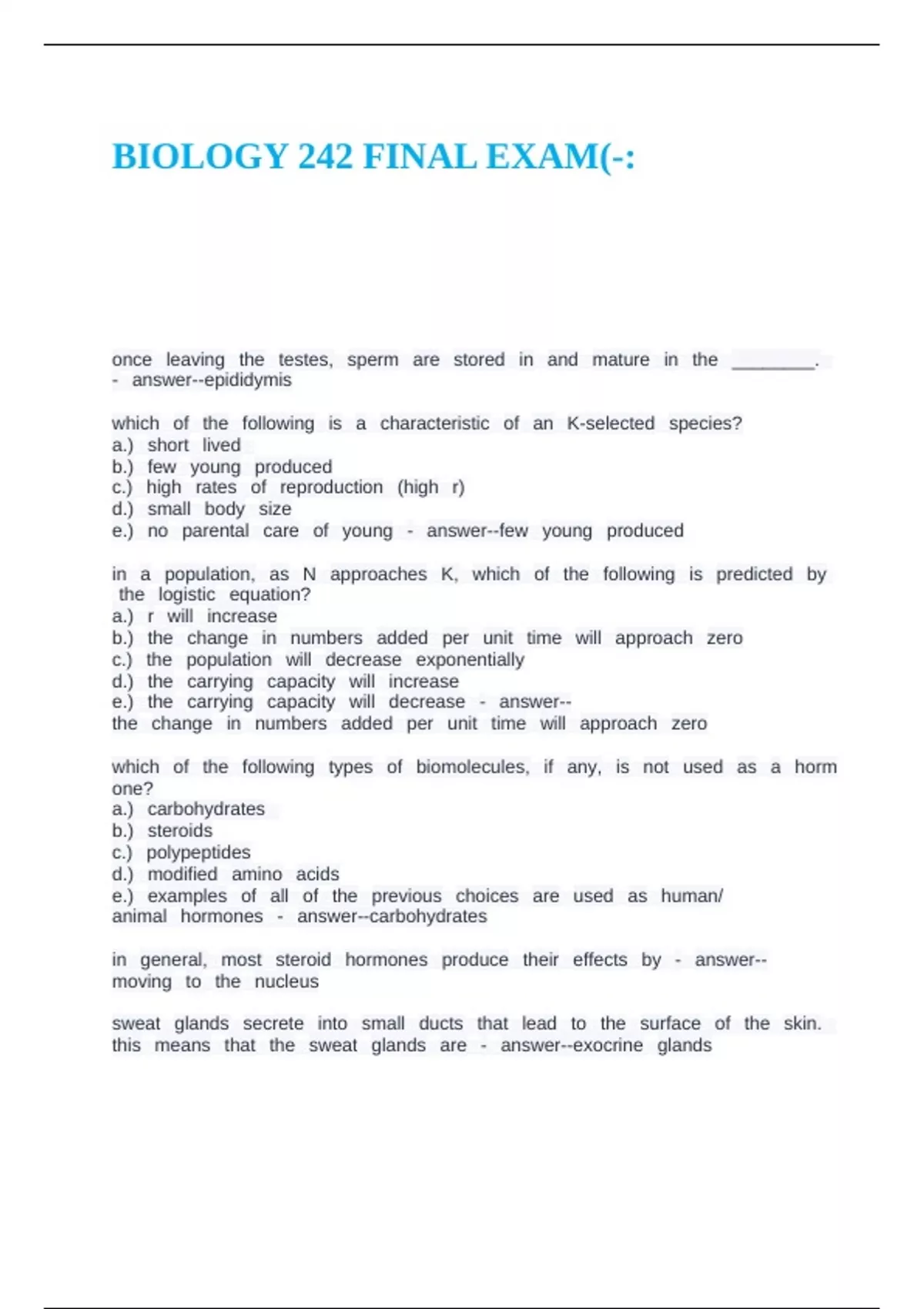 BIOLOGY 242 FINAL EXAM - BIO 242 - Stuvia US