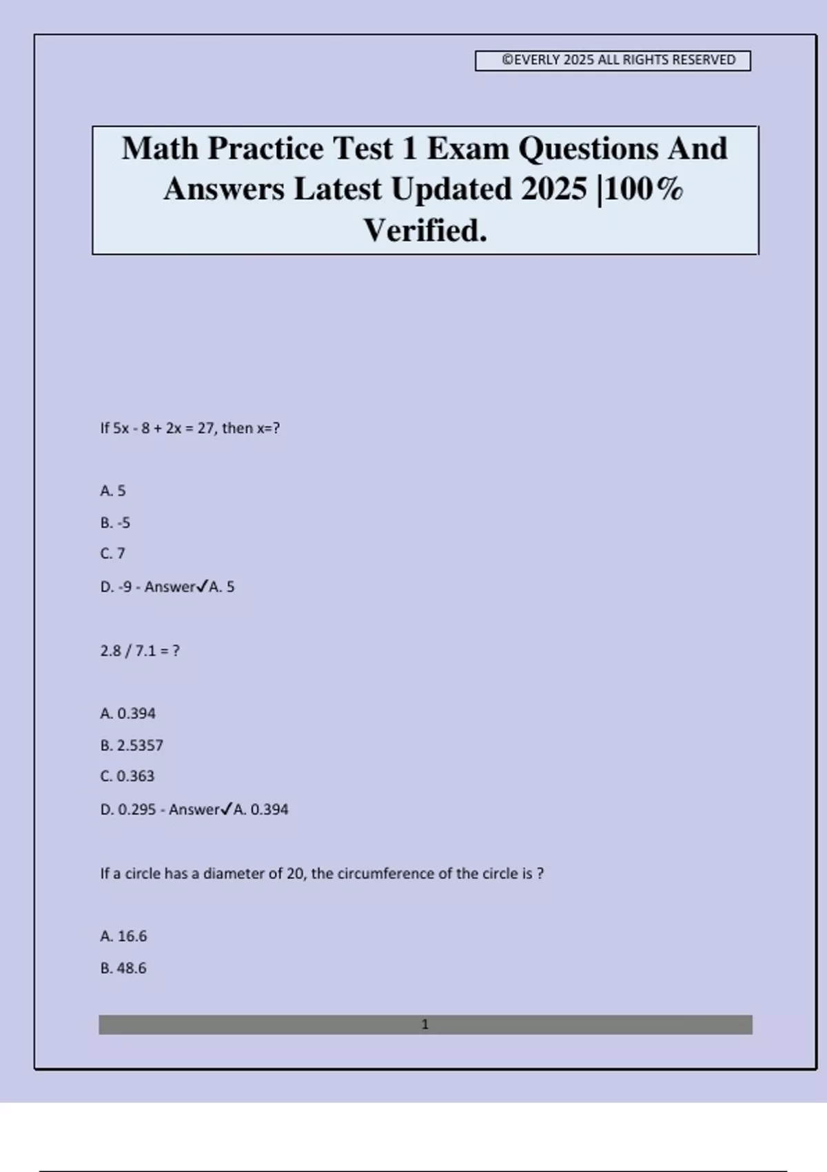 Math Practice Test 1 Exam Questions And Answers Latest Updated 2025 ...