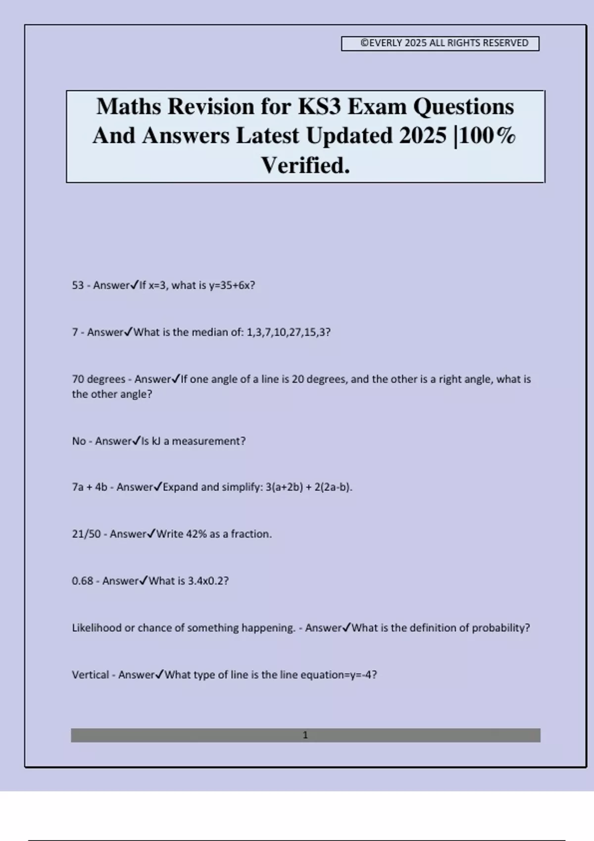 Maths Revision for KS3 Exam Questions And Answers Latest Updated 2025 ...