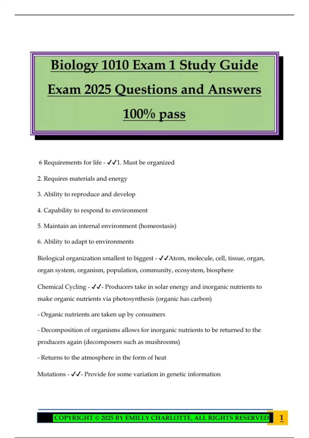 Biology 1010 Bundled Exams 2025 Questions and Answers 100% Pass ...