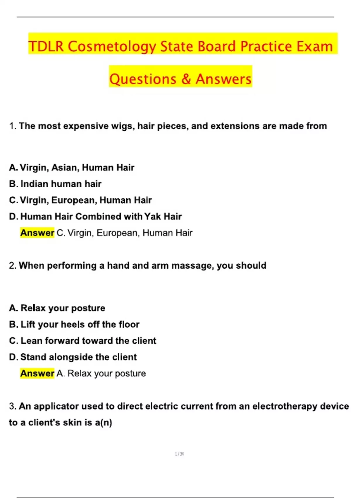 TDLR Cosmetology State Board Practice Exam Actual 2025 with Questions & Answers (Latest 2025 / ...