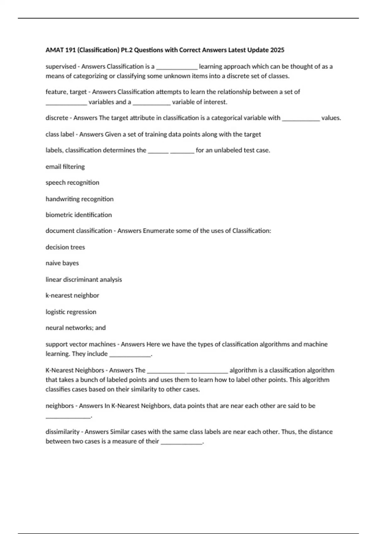 AMAT 191 (Classification) Pt.2 Questions with Correct Answers Latest ...