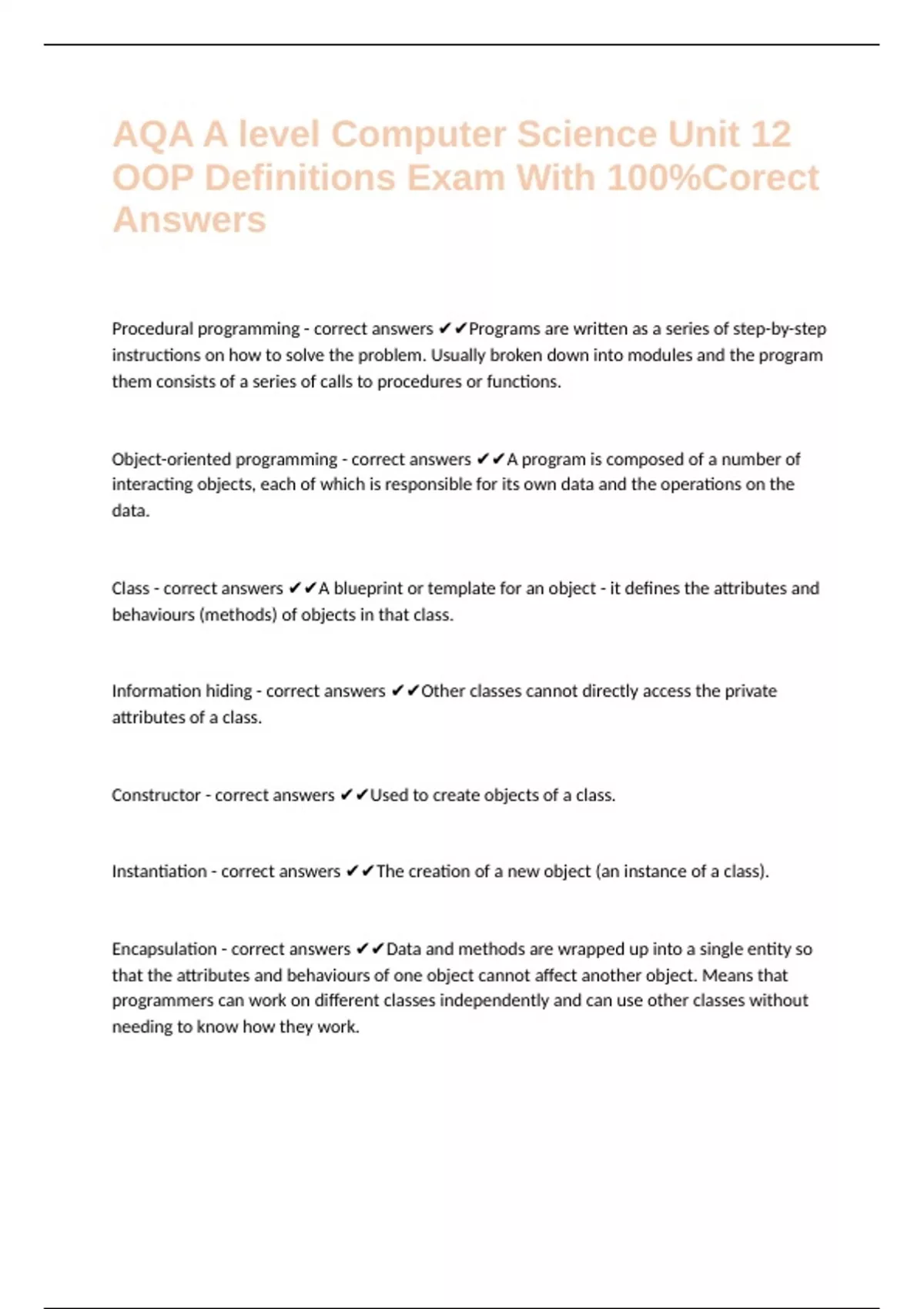 AQA A level Computer Science Unit 12 OOP Definitions Exam With 100 ...