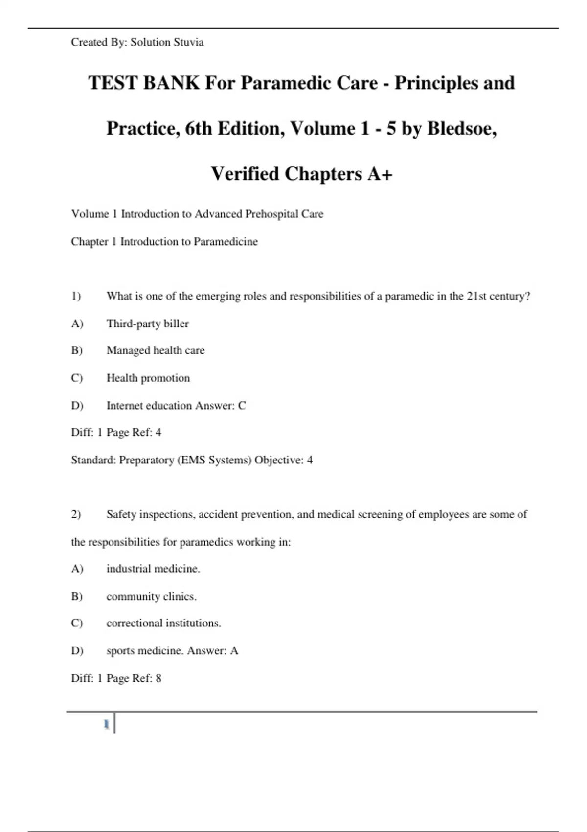TEST BANK For Paramedic Care - Principles and Practice, 6th Edition ...