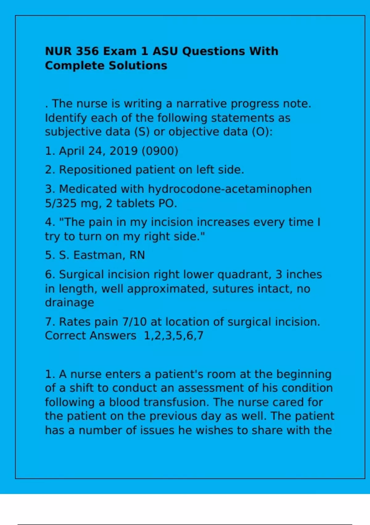 NUR 356 Exam 1 ASU Questions With Complete Solutions - NUR 356 - Stuvia US
