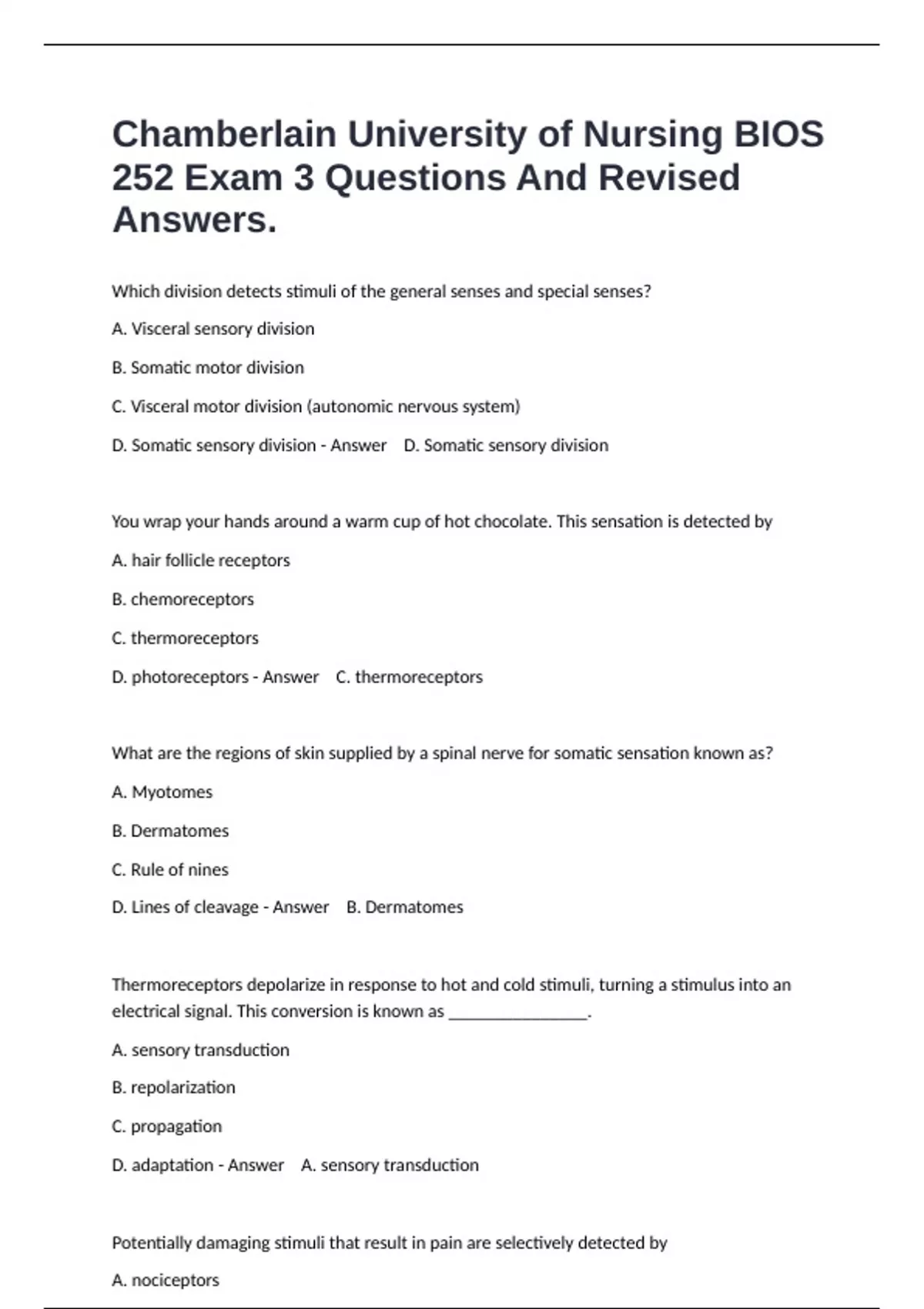 Chamberlain University of Nursing BIOS 252 Exam 3 Questions And Revised ...