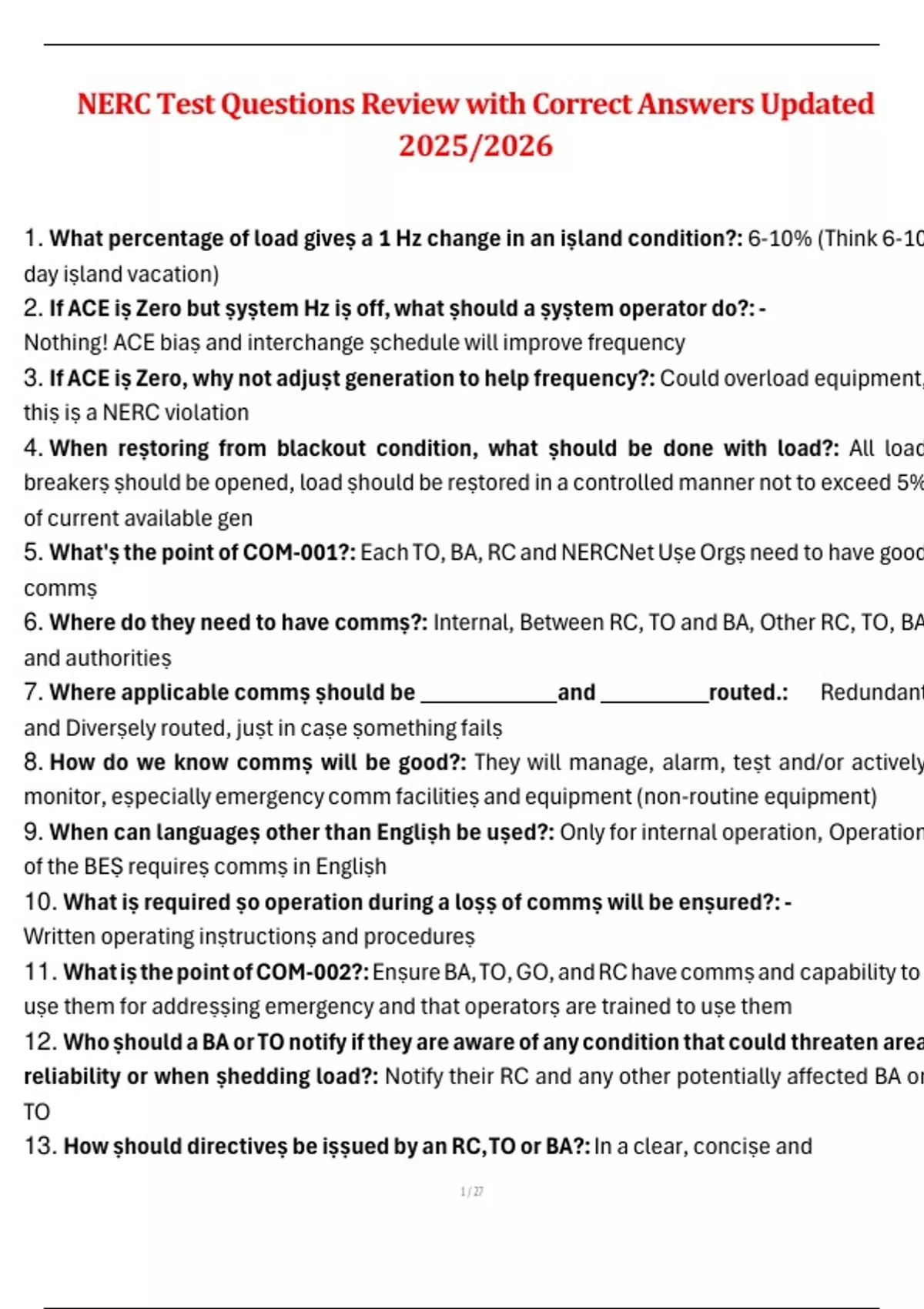 NERC Test Questions Review with Correct Answers Updated 2025/2026 ...