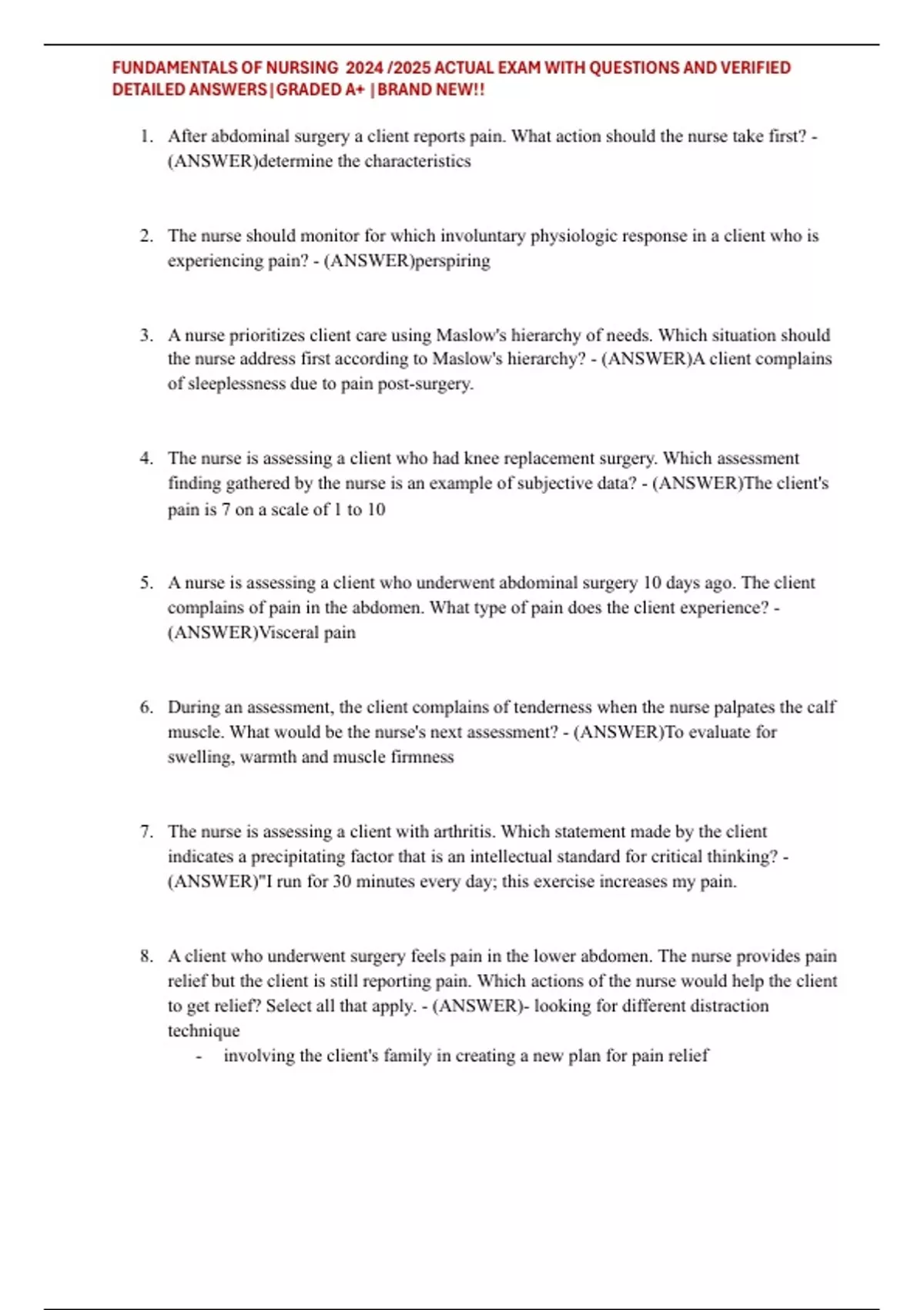 FUNDAMENTALS OF NURSING 2024 /2025 ACTUAL EXAM WITH QUESTIONS AND ...