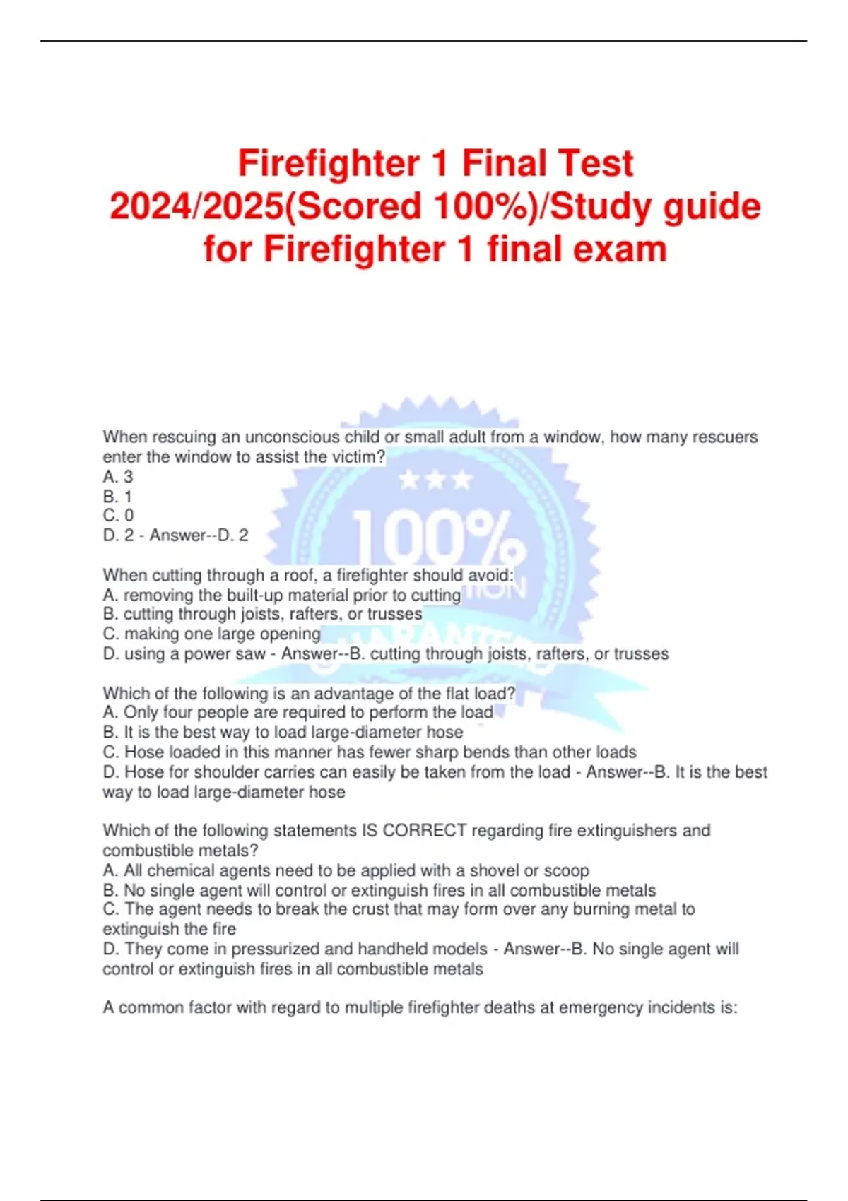 Firefighter 1 Final Test 2024/2025(Scored 100%)/Study guide for Firefighter 1 final exam ...
